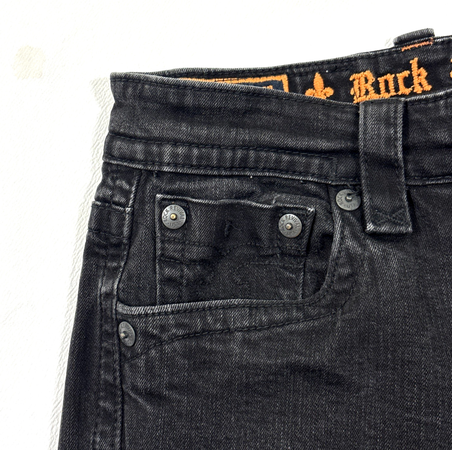 Rock Revival Ryker Jeans Mens 32×30 Slim Straight Black Biker Selvedge EUC Faded