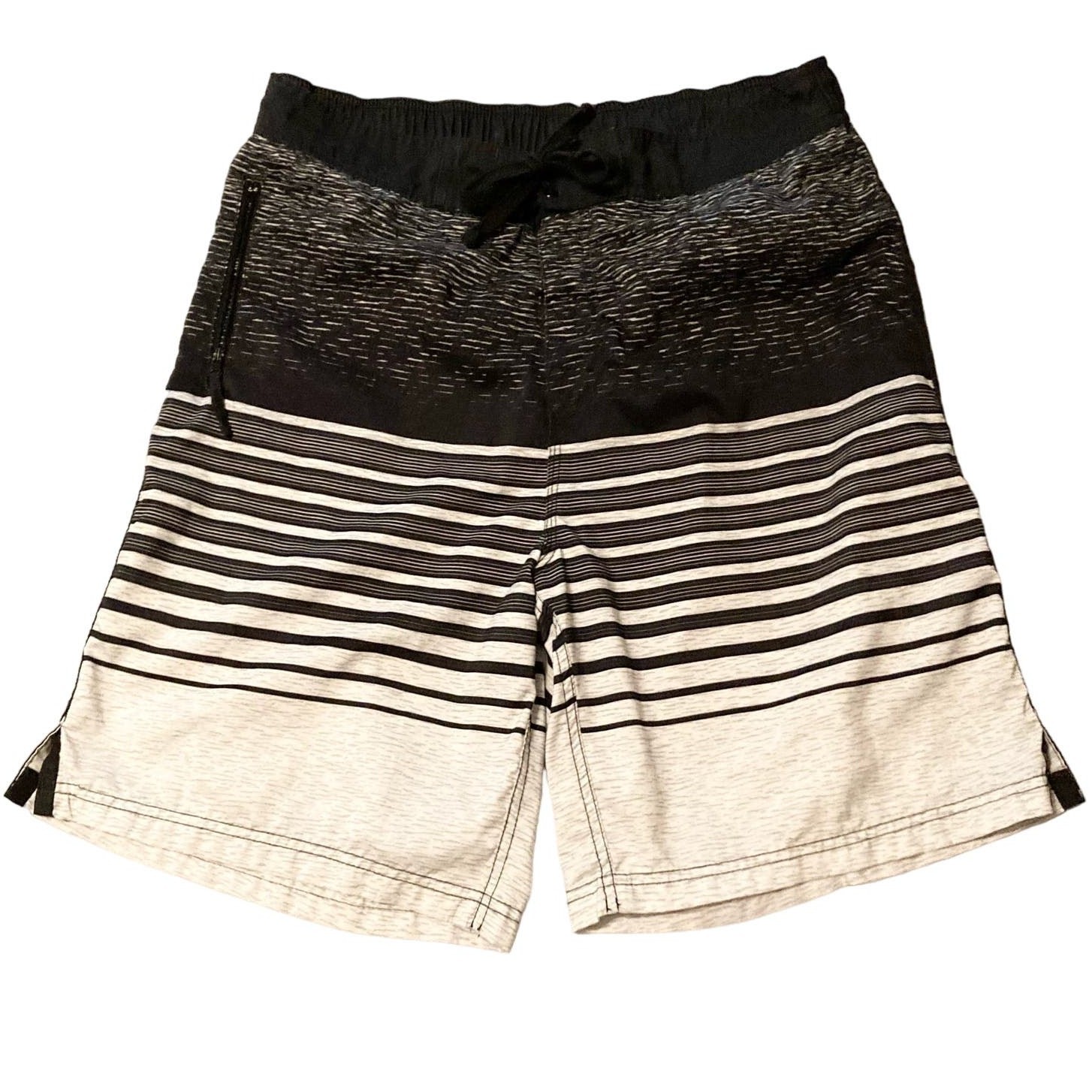 U.S. Apparel Swim Trunks Men Large Black Grayish White Stripe Drawstring Beachy