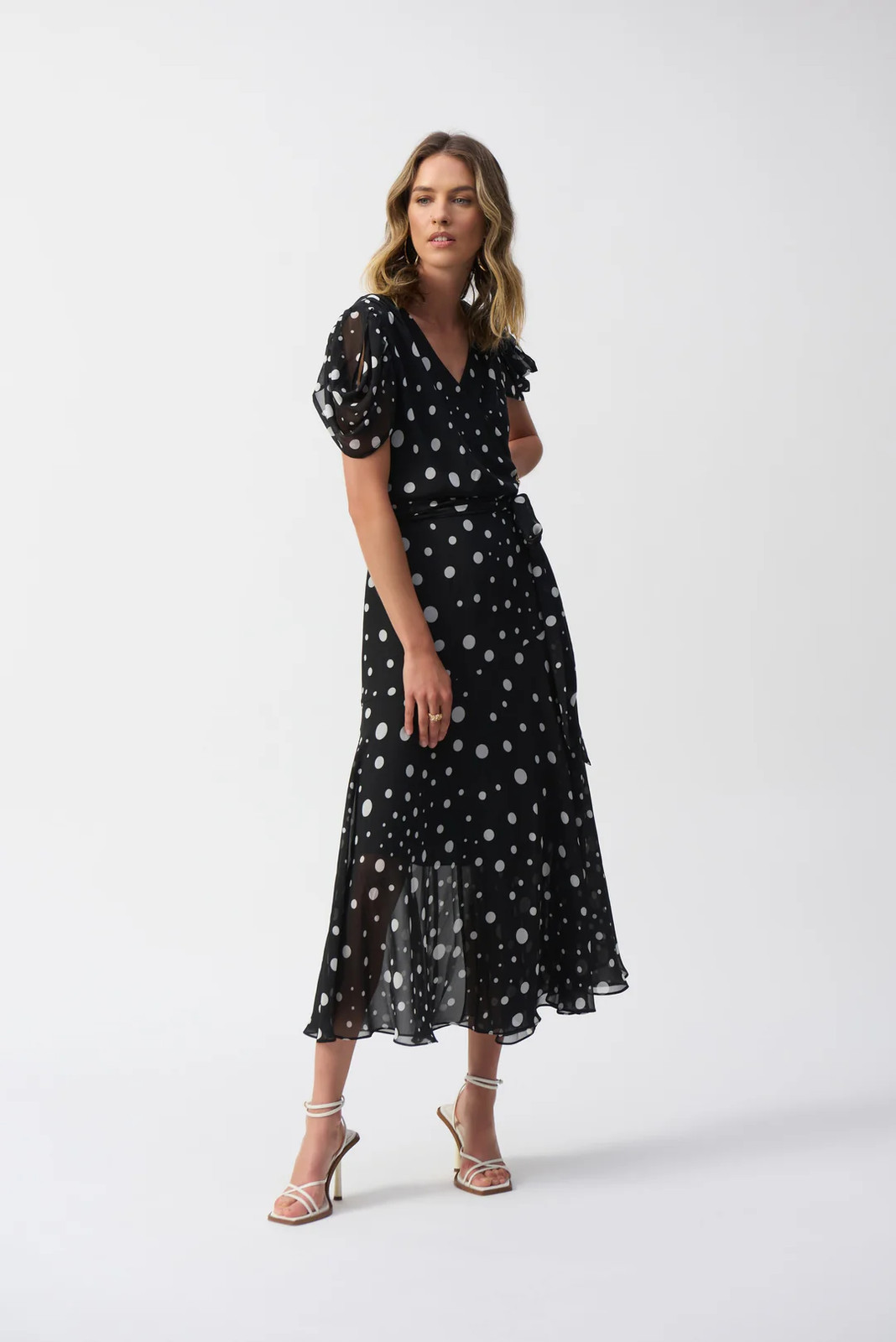 Joseph Ribkoff Black/Vanilla Dot Chiffon Belted Wrap Dress 251907