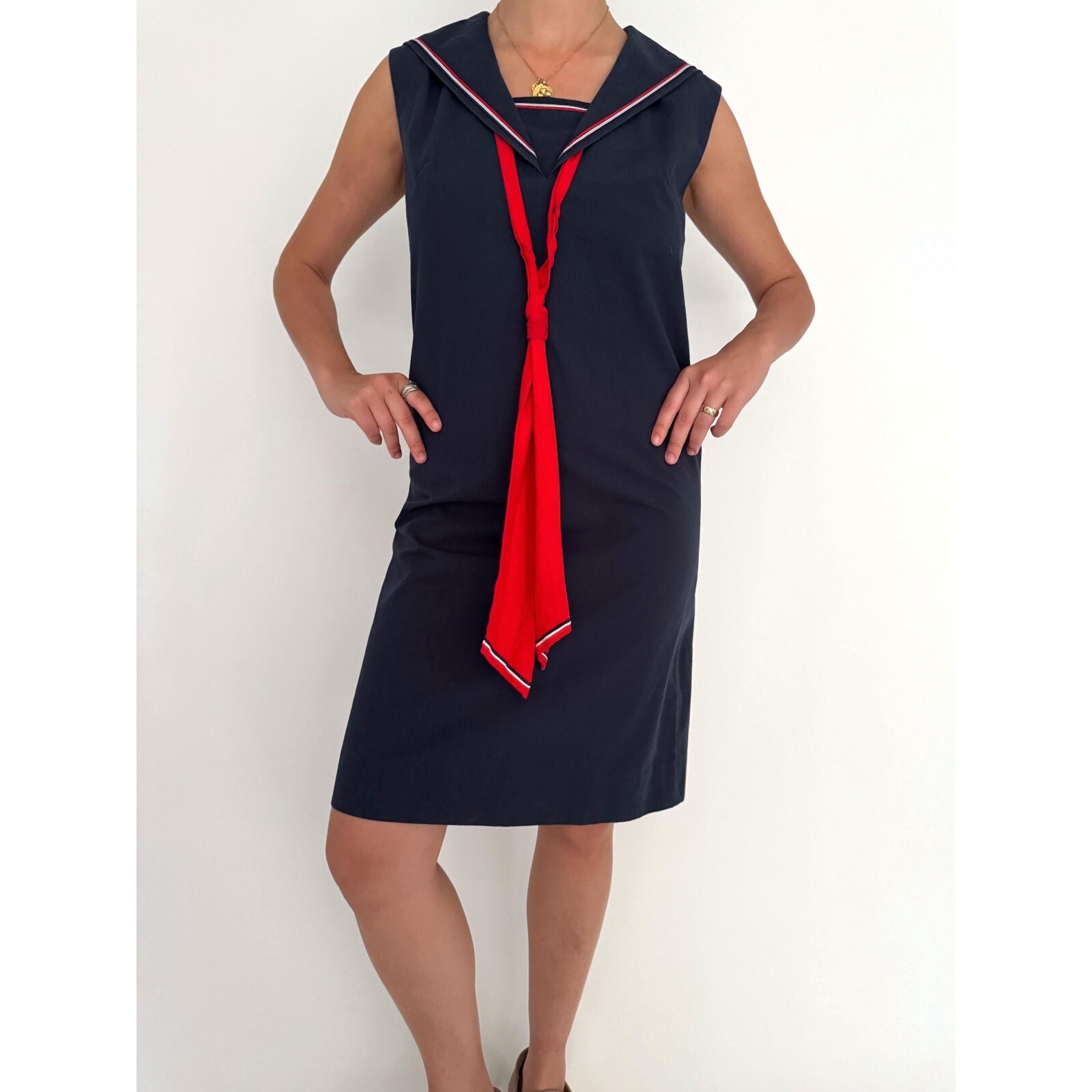 70s vintage navy blue nautical sailor collar retro pinup sleeveless midi dress