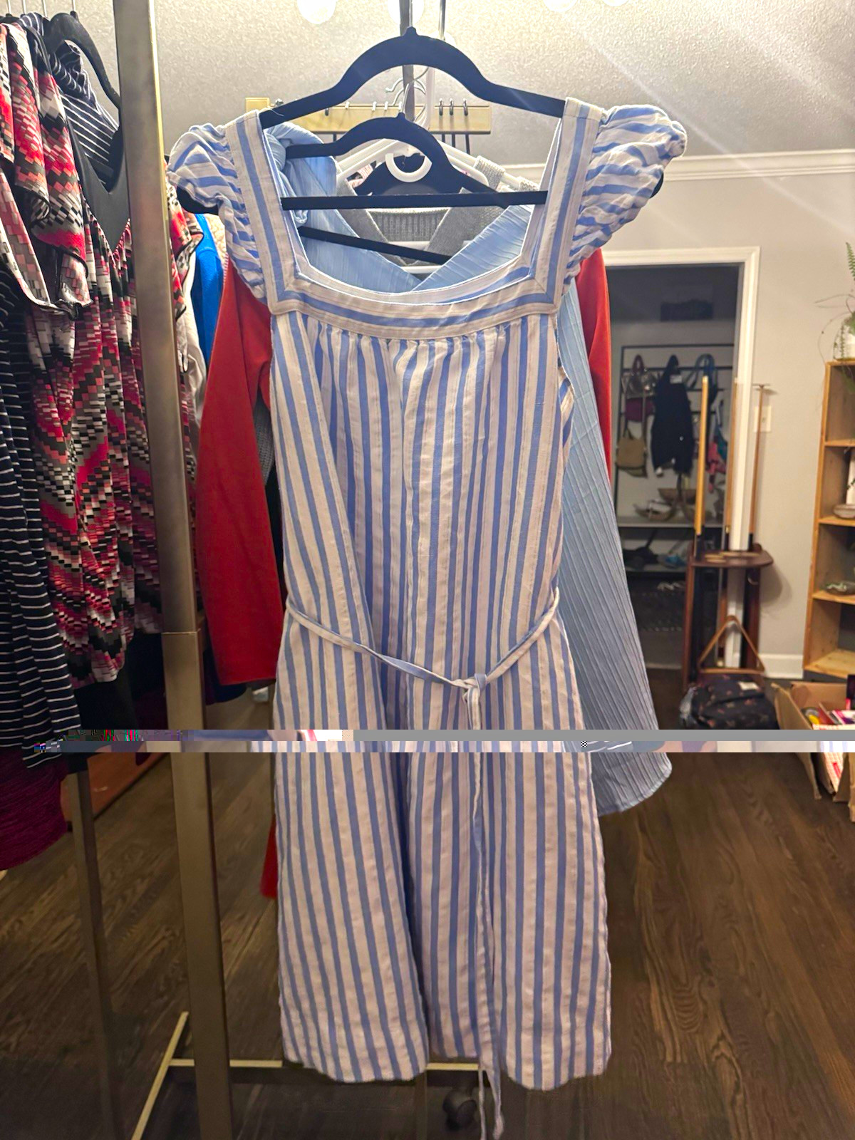 LOFT Dress Women S Blue White Striped Square Neck Puff Sleeve Midi A-Line Linen