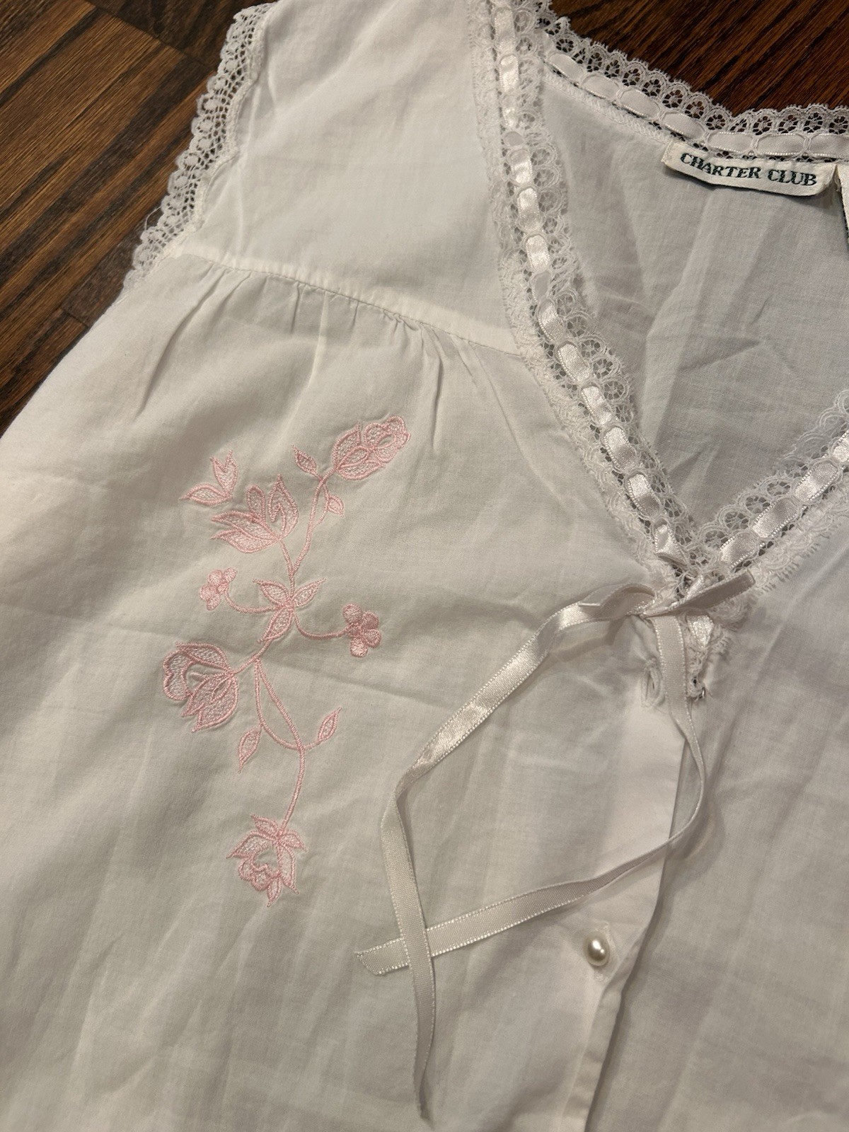 Vintage Charter Club White Cotton Embroidered Lace Trim Cottagecore Y2K Top S
