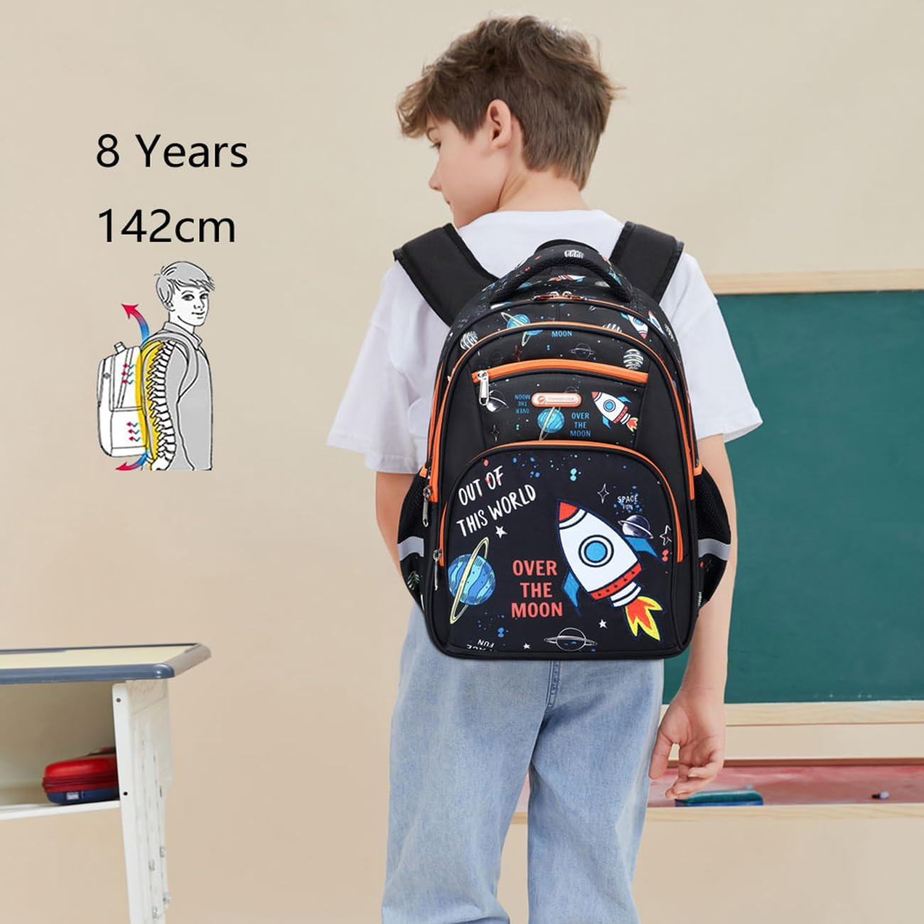 Lightweight Waterproof School Backpack for Kids – Fun Space Prints, 16 Inch
