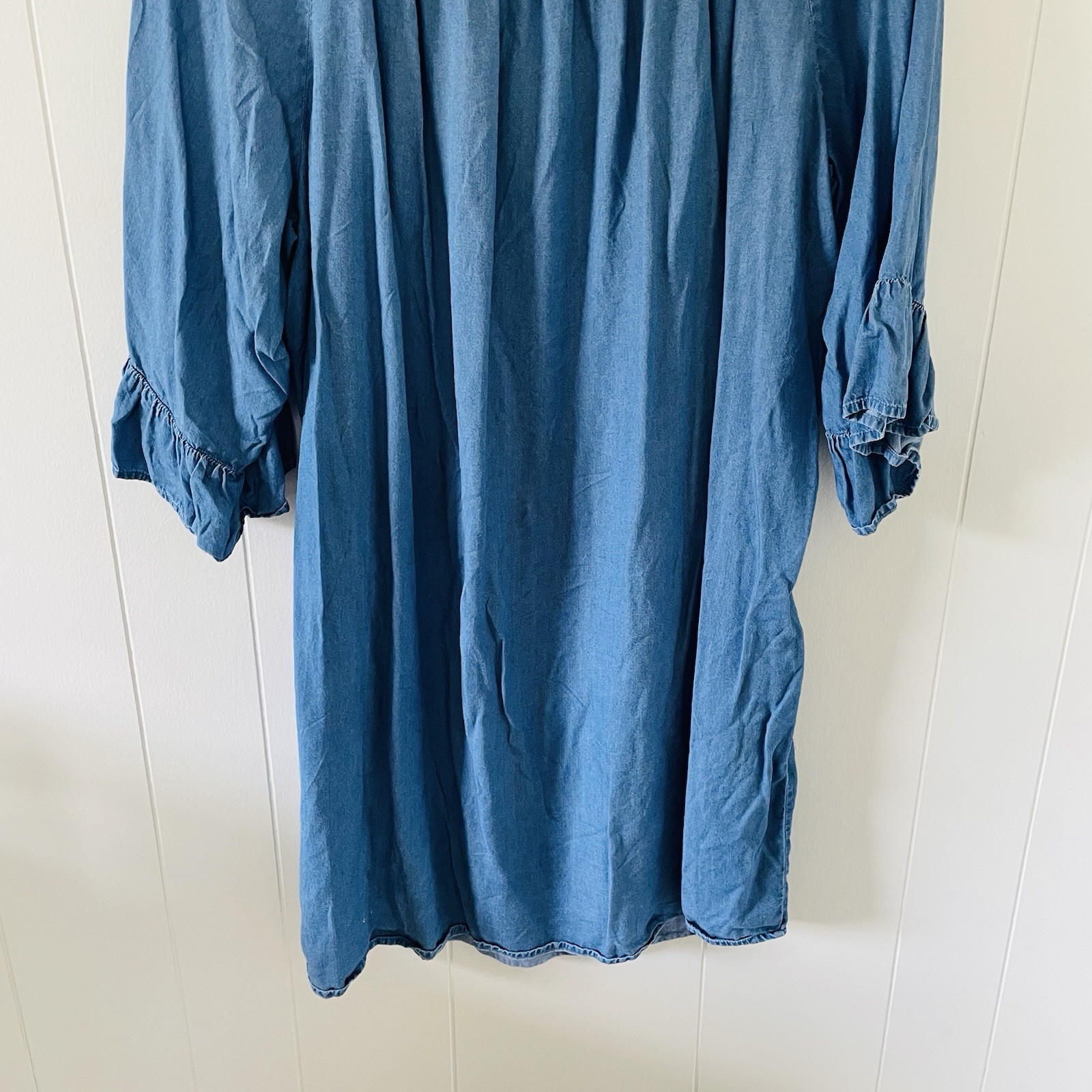 New Directions Blue Chambray Smocked Scoop Neck Shift Dress 3/4 Sleeve 3X