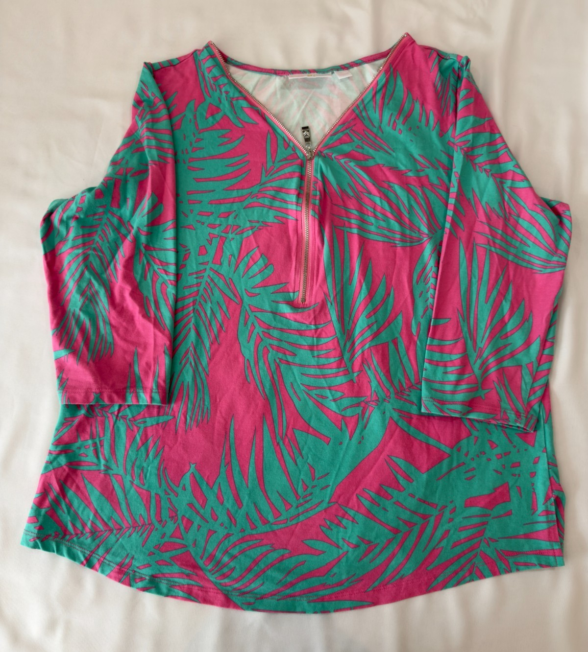Belle by Kim Gravel Tropical Women’s Large Palm Print Top 3/4 Sleeve Zip Neck
