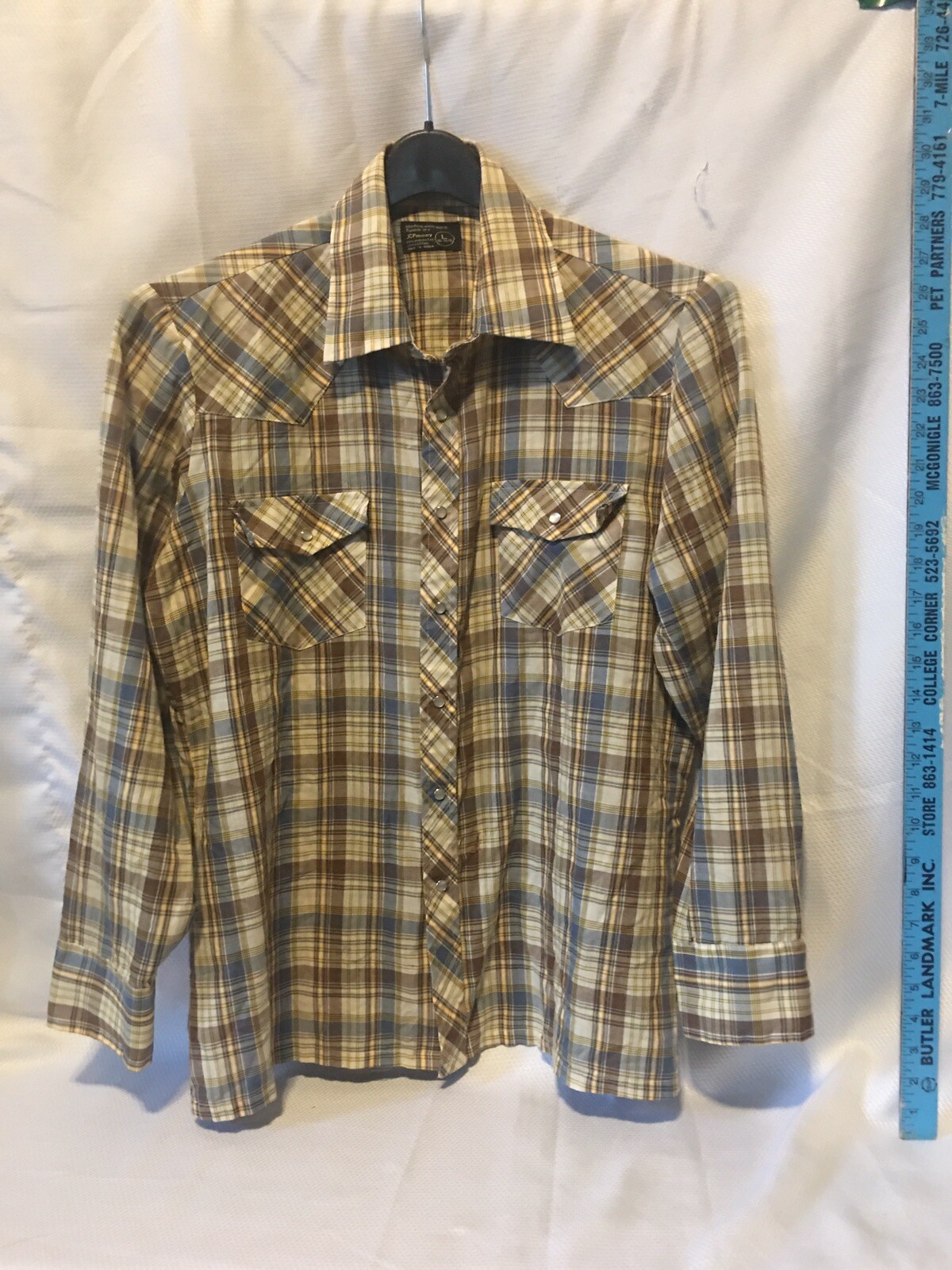 Vtg 80s JC Penney Brown Blue Tan Plaid Western Long Sleeve Shirt Sz L 16-16 1/2