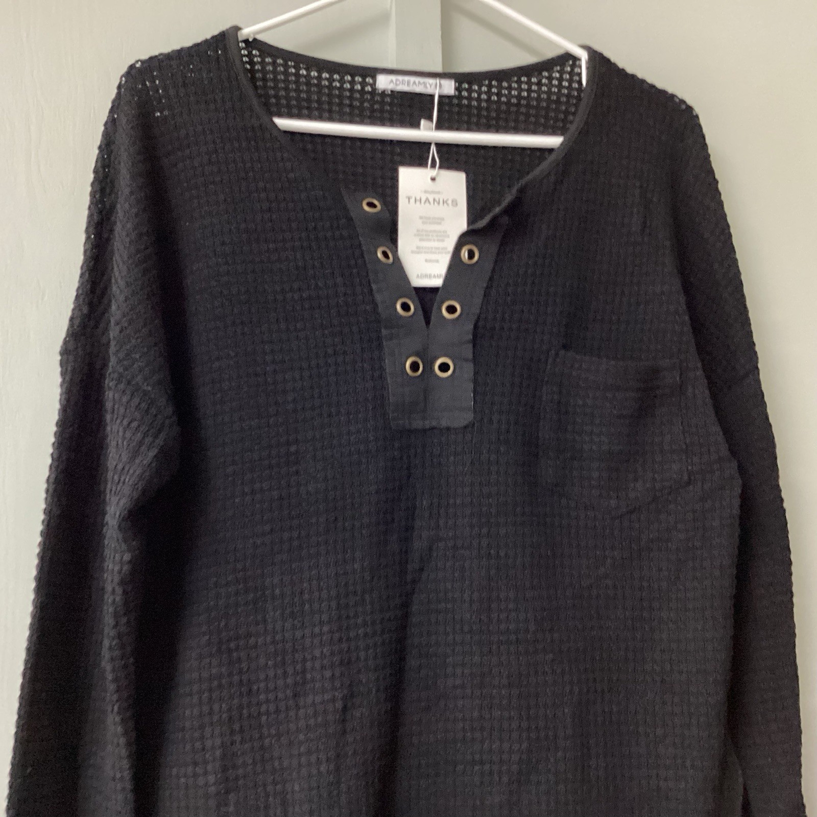 ADREAMLY Black Semi-Sheer Blouse Women’s Size Medium Waffles Studs Hole Knit New