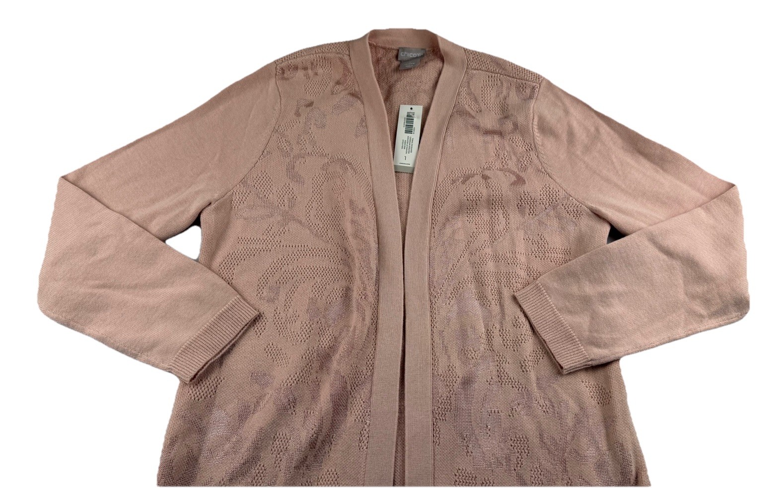 Chico’s Paris Pink Tonal Jacquard Open Long Cardigan Sweater Size 1 (US 8) NWT