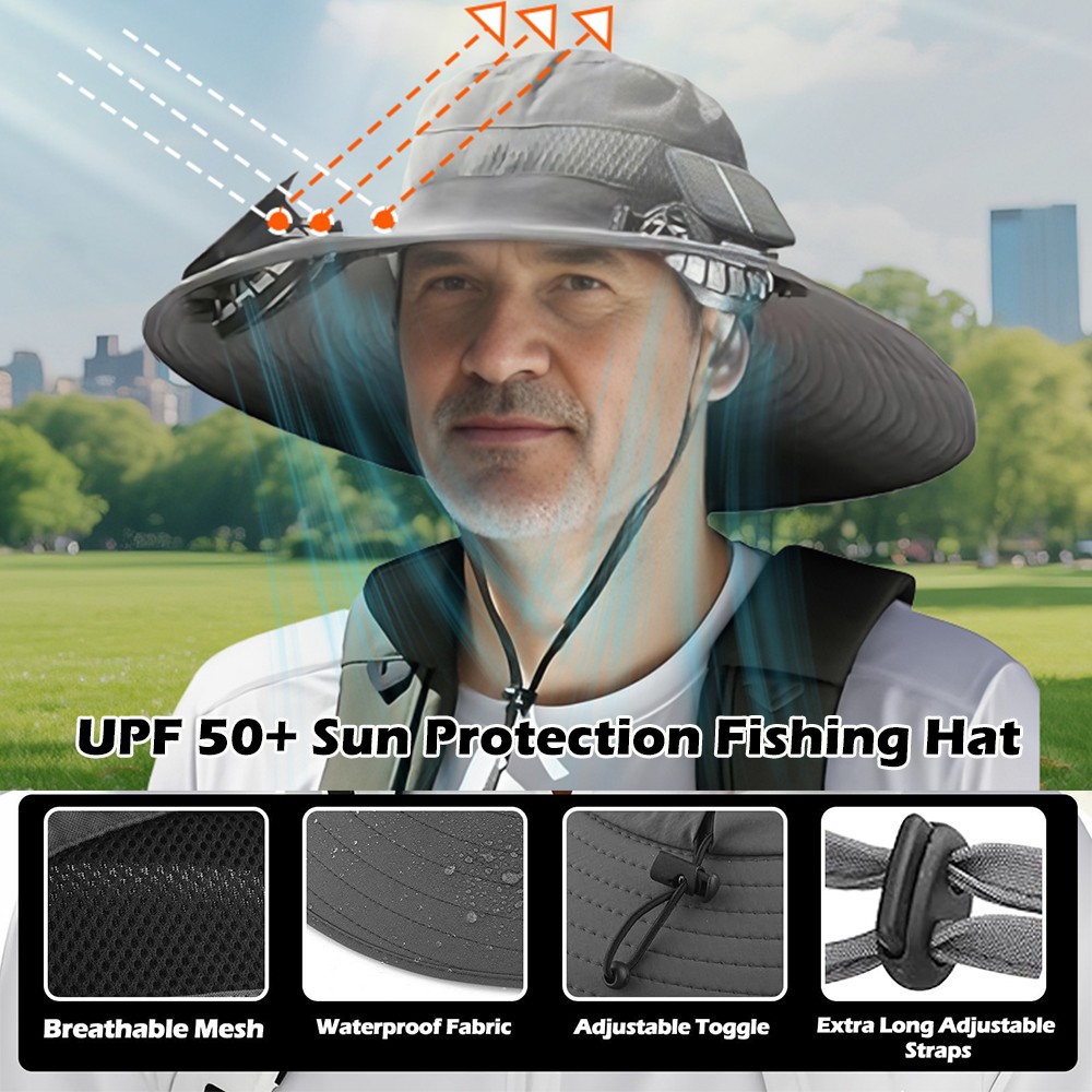 Wide Brim Sun Hat with Solar & USB Powered Dual Fan for Outdoor Fishing Hiking