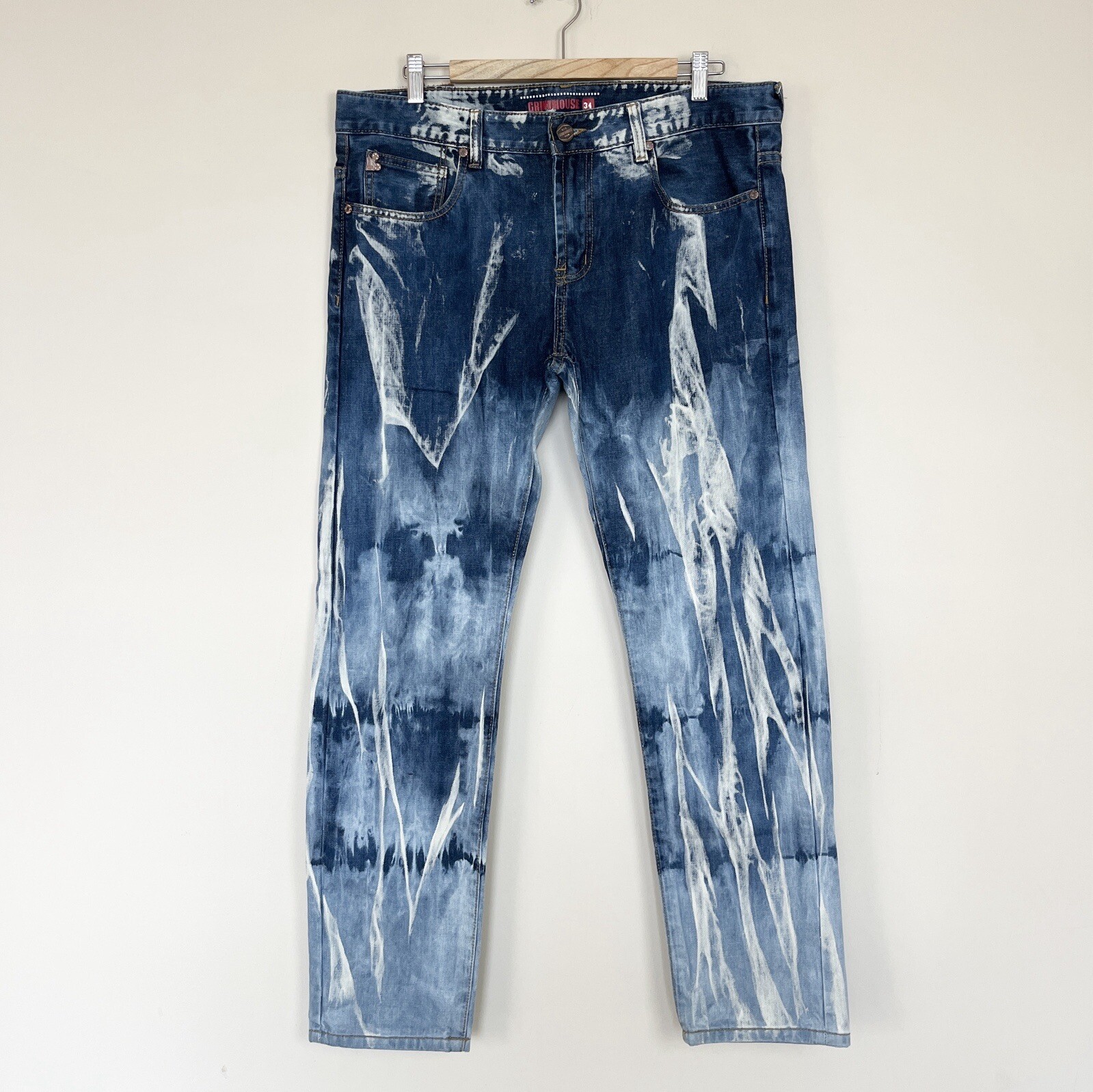 Grindhouse Jeans Dark Blue Acid Wash Relaxed Straight Moto Measures 38×32 **