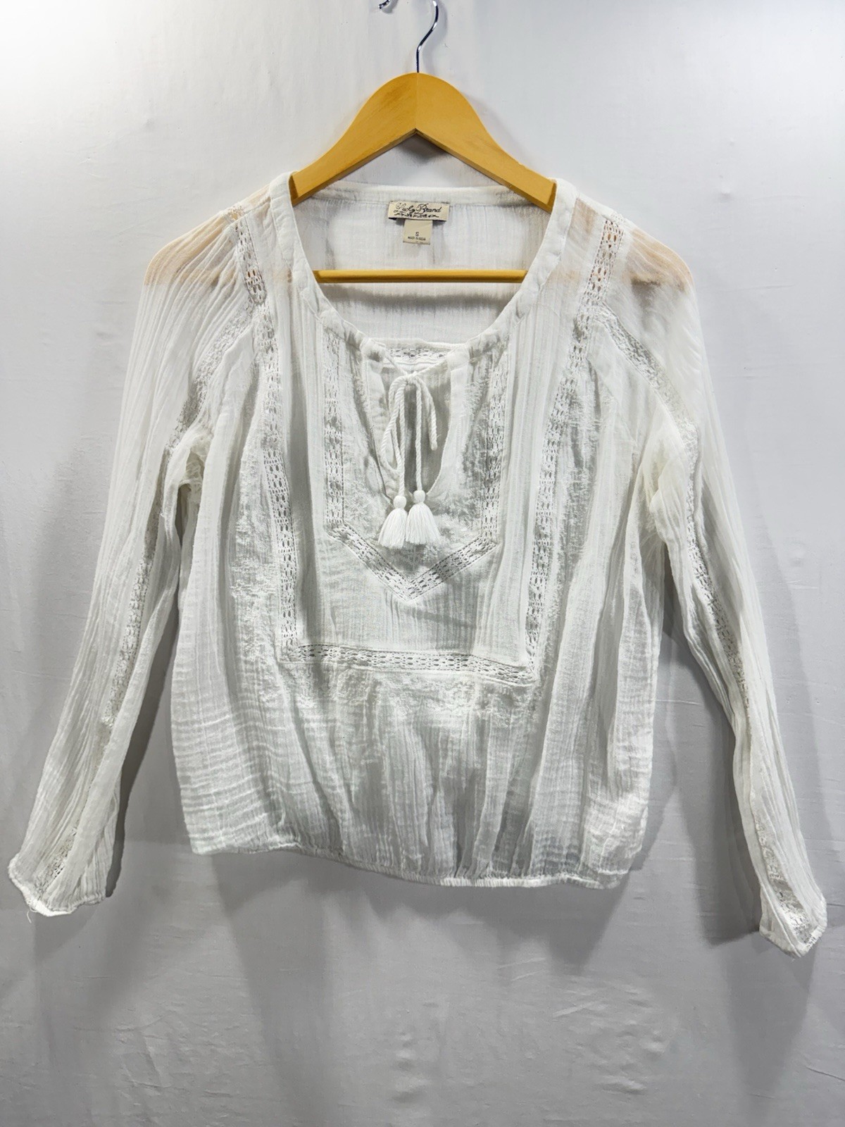 Lucky Brand Women’s White Boho Peasant Top Size Small 100% Cotton Lace Tassel