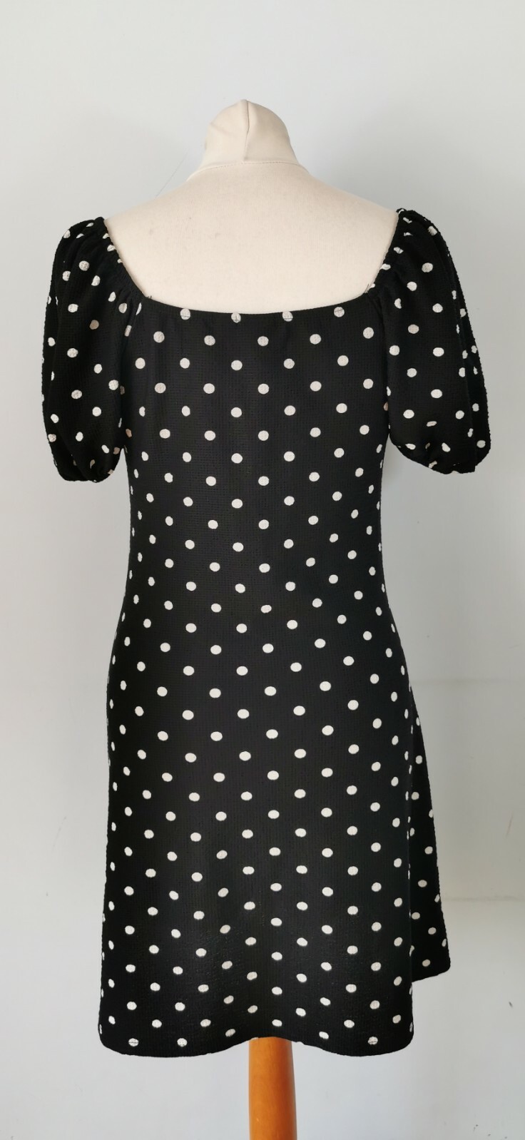 River Island Black Polka Dot Puff Sleeve Button Front Dress Size 14 Square Neck