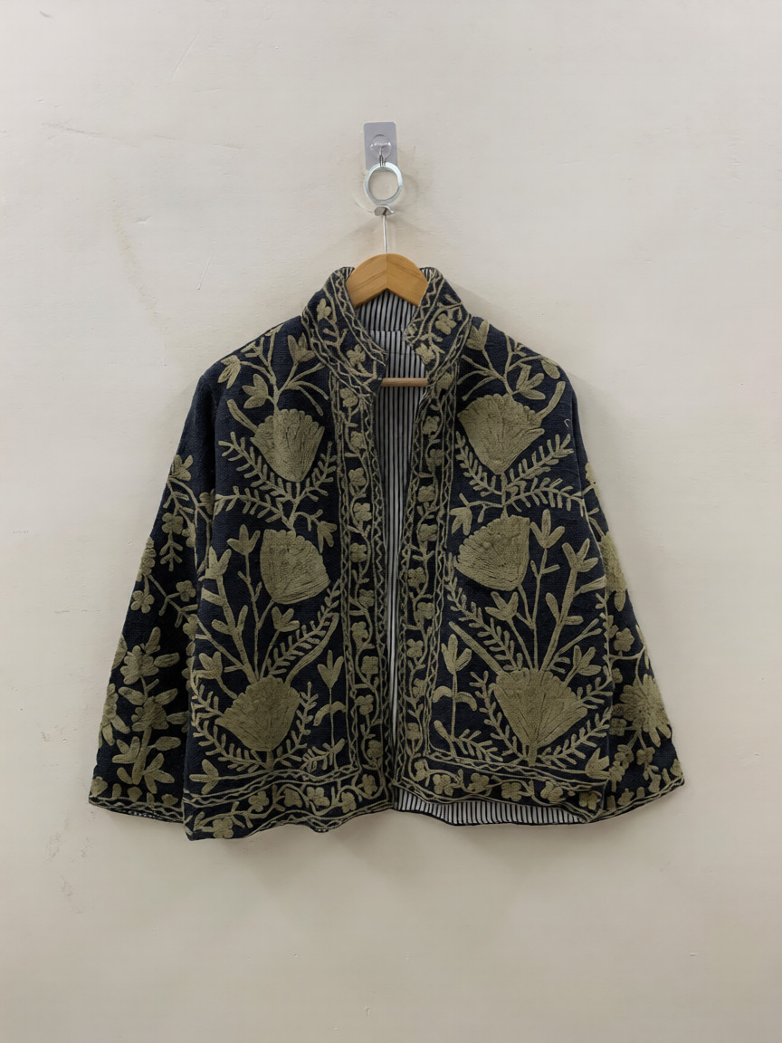 Handmade Black TNT Embroidered Jacket Gold Floral Folk Bohemian Festival Coat