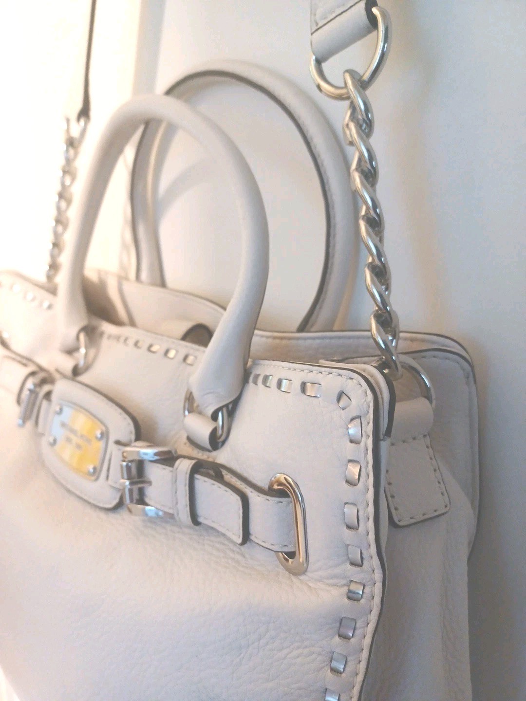 Michael Kors Ivory Leather Hamilton Whipped Shoulder Bag w/ Silver Accents