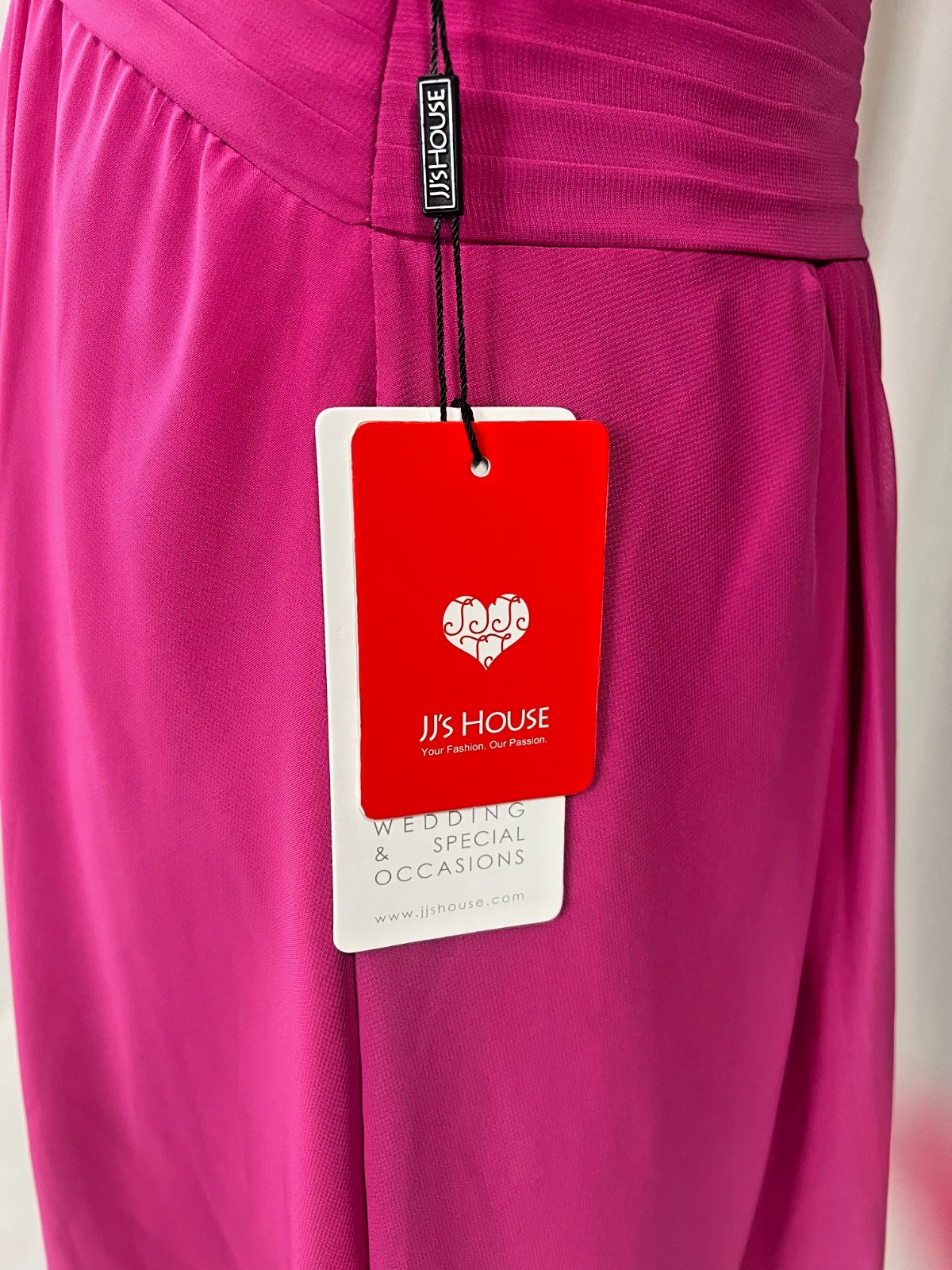 NWT JJ’s House Fuchsia Pink V-Neck Chiffon Cocktail Dress with Lace Appliques