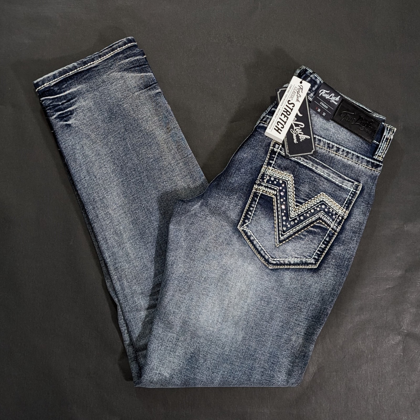 True Luck Mens Straight Leg Jeans Medium Stretch Denim Size 30×32 Embroidered