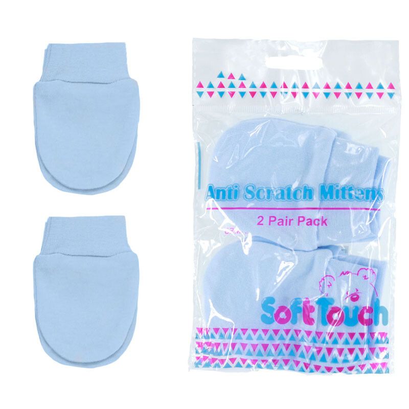 Newborn/Tiny Baby Anti Scratch Mittens, Blue Pink White Grey Cotton 2 Pair Pack