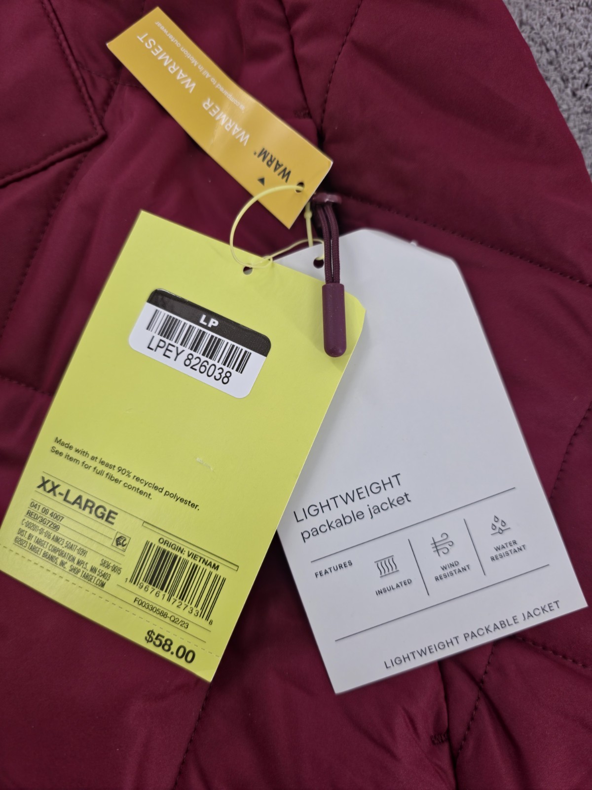 All in Motion Men’s Lightweight Packable Hooded Full Zip Jacket Burgundy XXL
