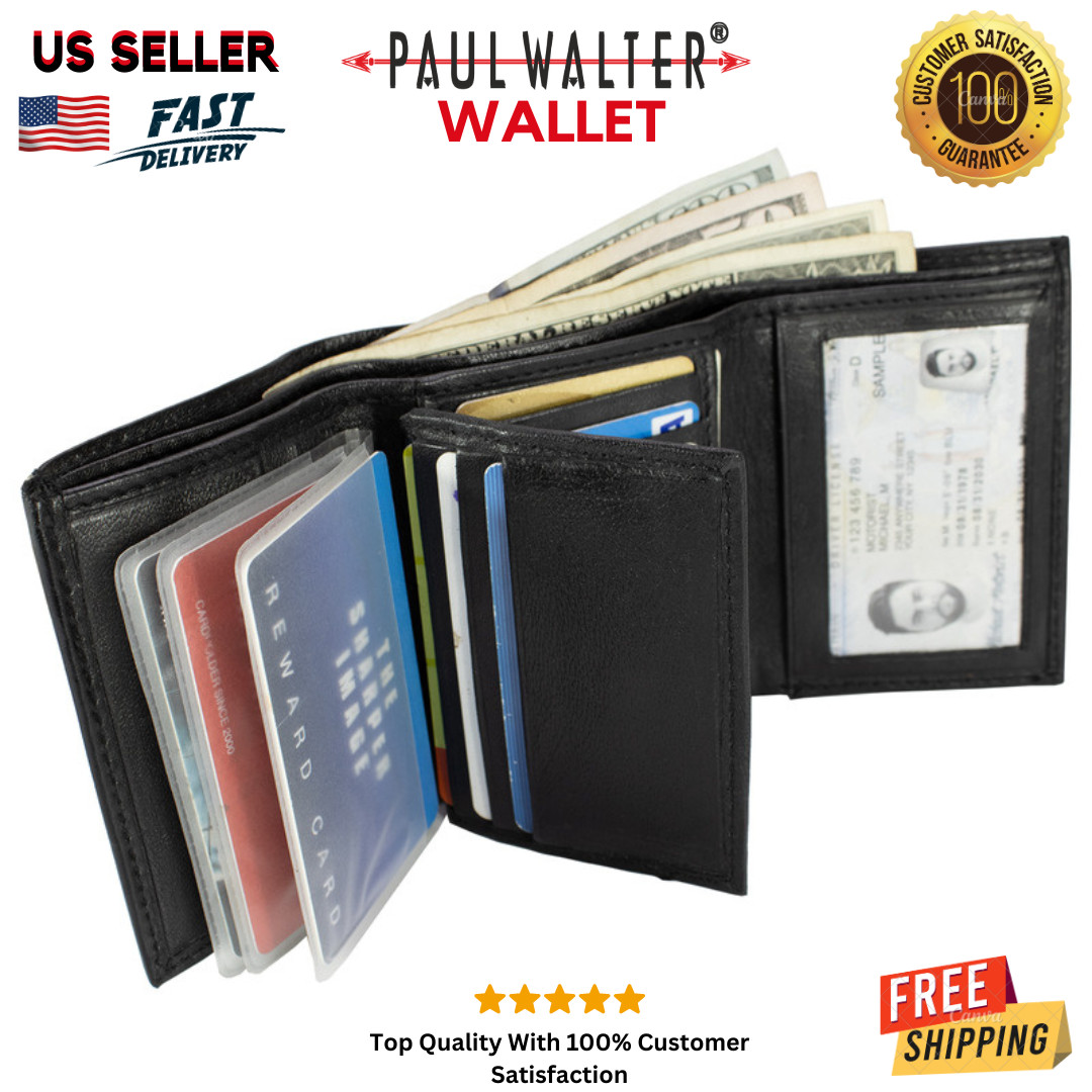 Paul Walter Mens Trifold Lambskin Leather ID Wallet Multi Pockets Classic Style