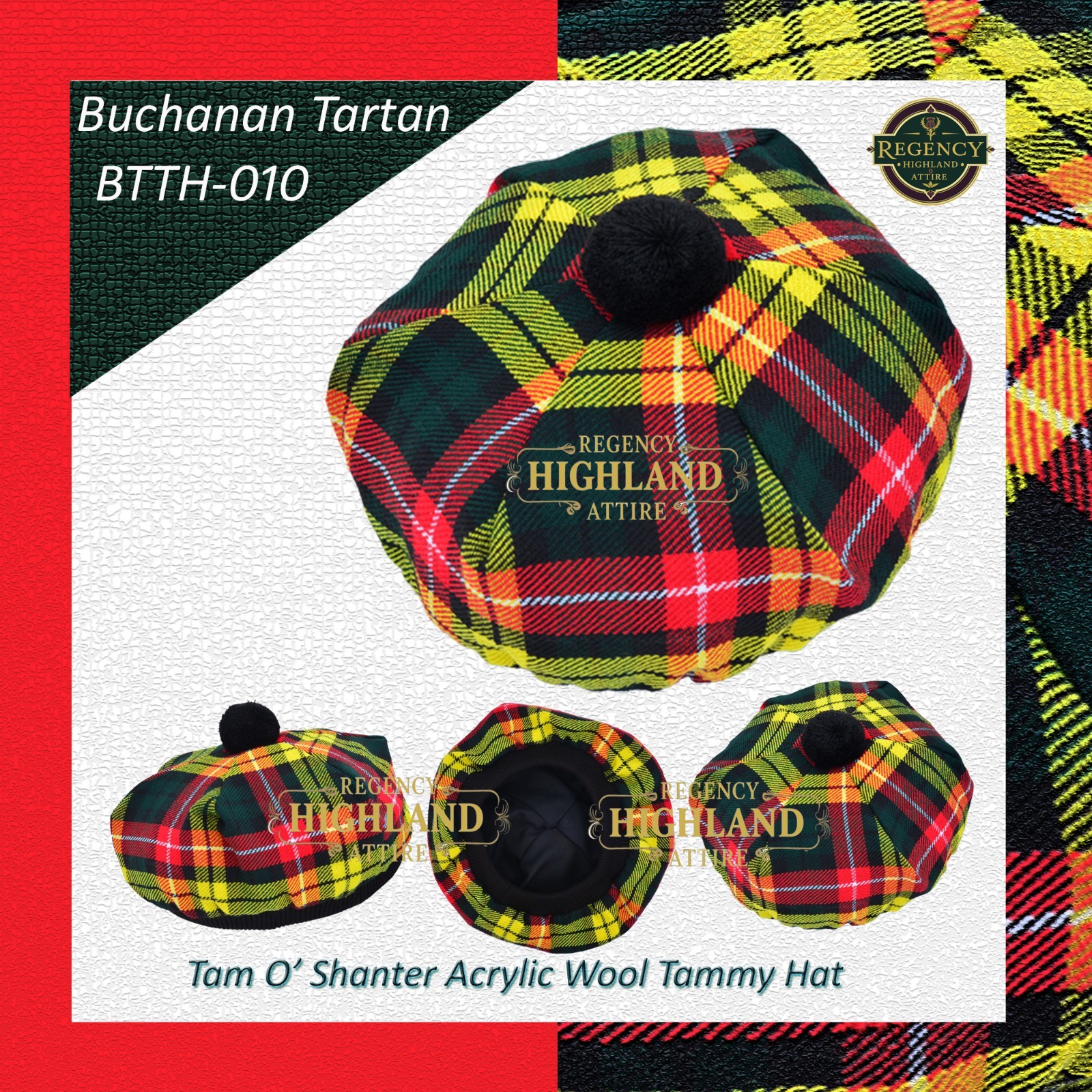 Unisex Great Scottish Highland Tam O Shanter Hat Made of Acrylic Wool Tartan.