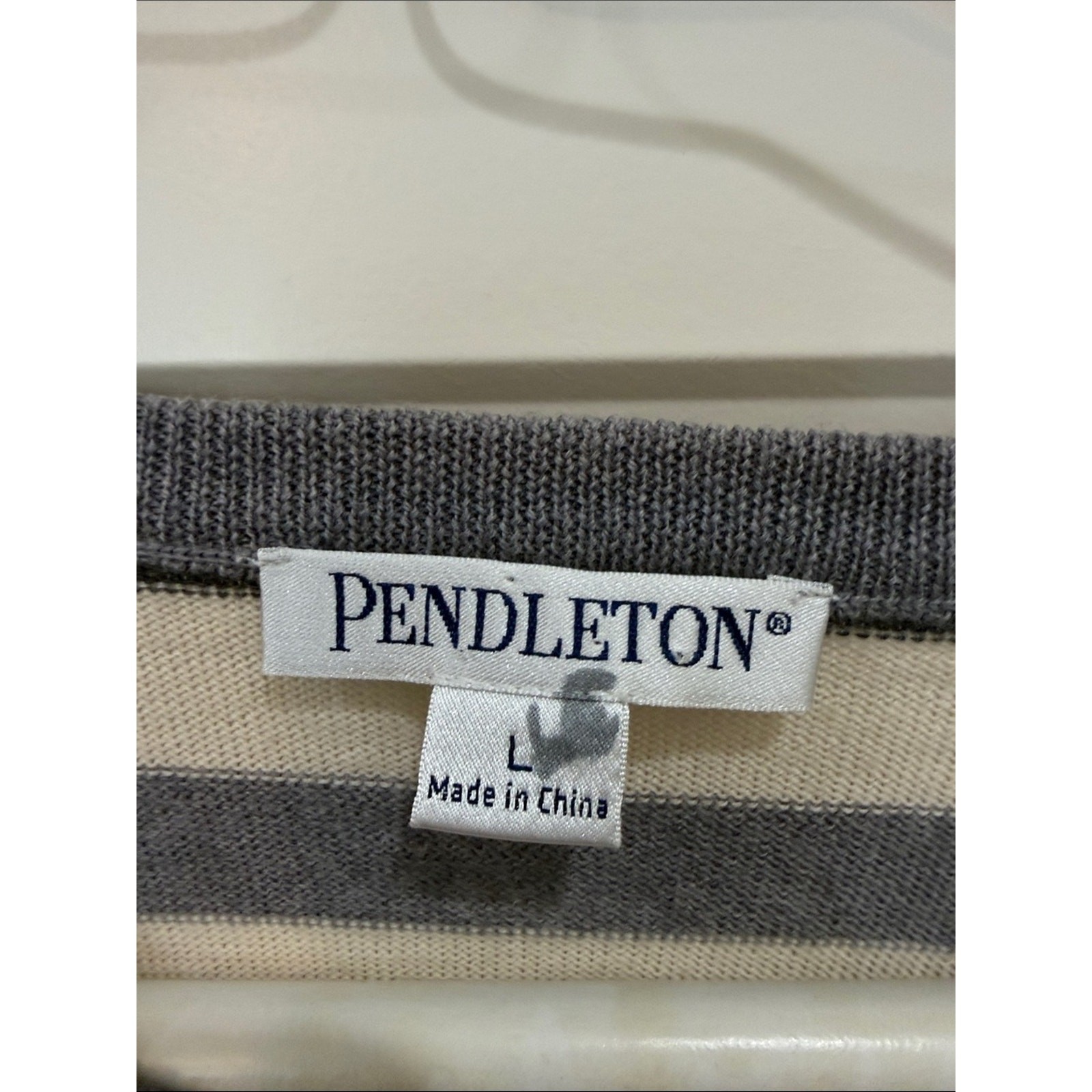 Pendleton Cream, Gray, Black & Pink-Red Striped Crewneck Sweater, Wm Sz L
