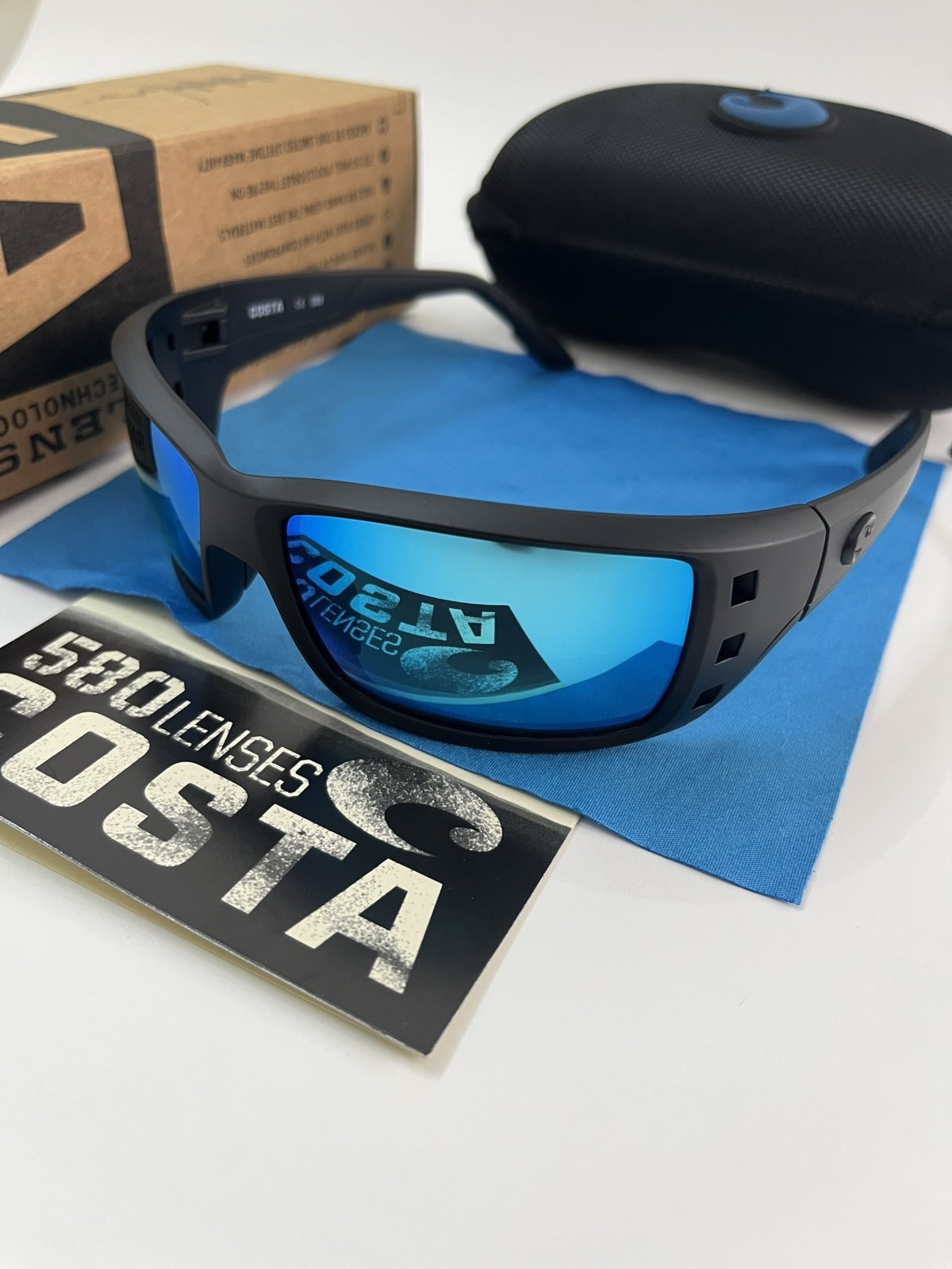 Costa COSTA 089 Men’s Wrap Sunglasses Black Frame Blue Mirrored 100% UV 580p