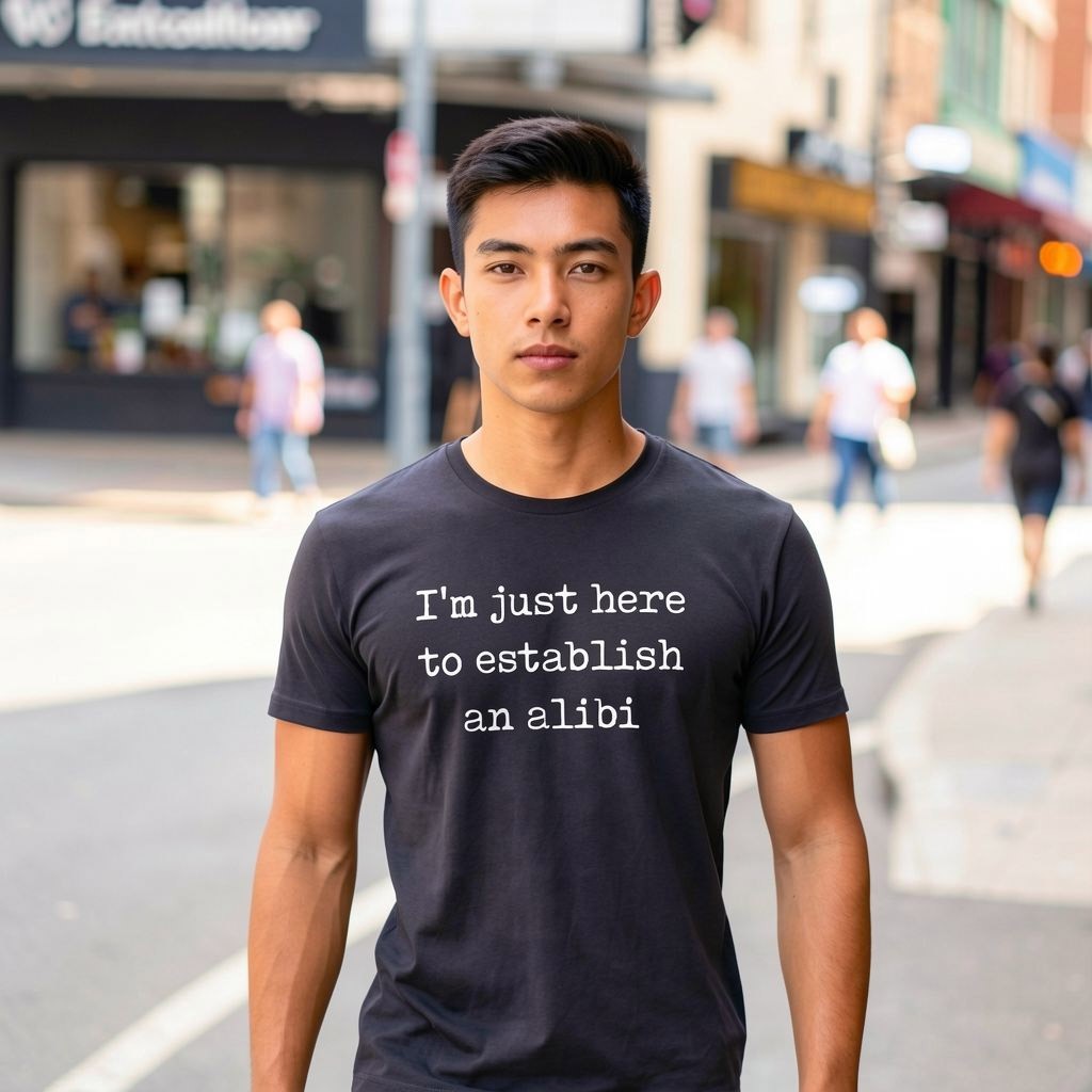 Mens Im Just Here to Establish An Alibi T Shirt Funny Sarcastic Tee