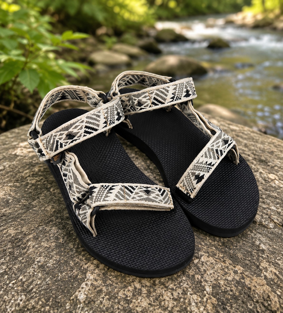 Teva Womens Size 8 Universal Sandals Black Cream Tribal Hook Loop Hiking Water