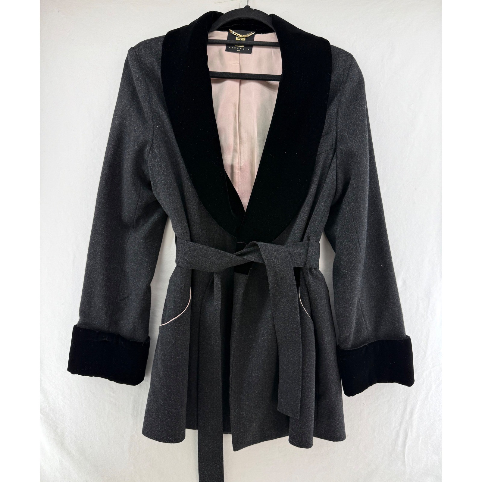 Vintage TC Laughlin NYC Womens Charcoal Grey Velvet Trim Belted Wrap Jacket 6