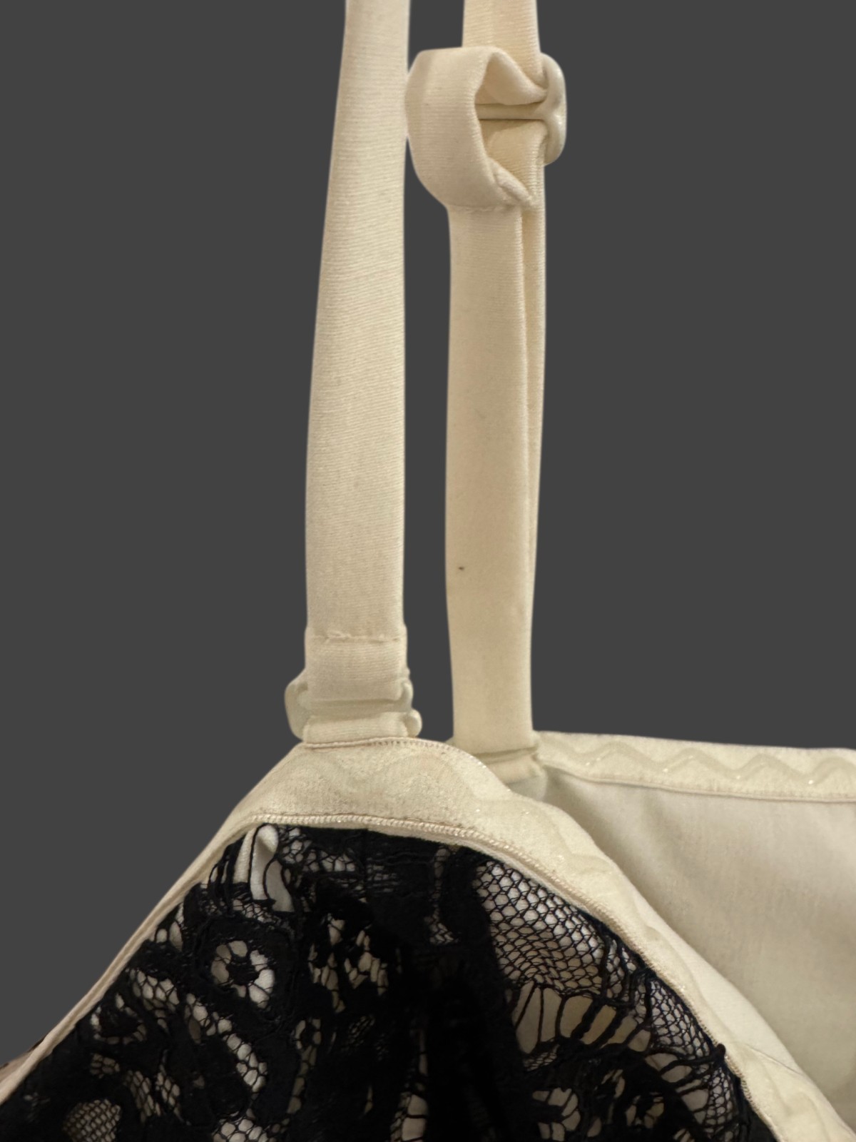 Ivory with black lace top – adj/removable straps tie waist side zip size 28