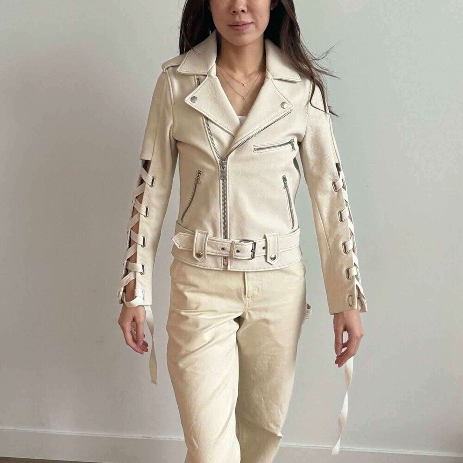 Celebrity Worn $1885 Each x Other white genuine leather moto jacket ribbon small