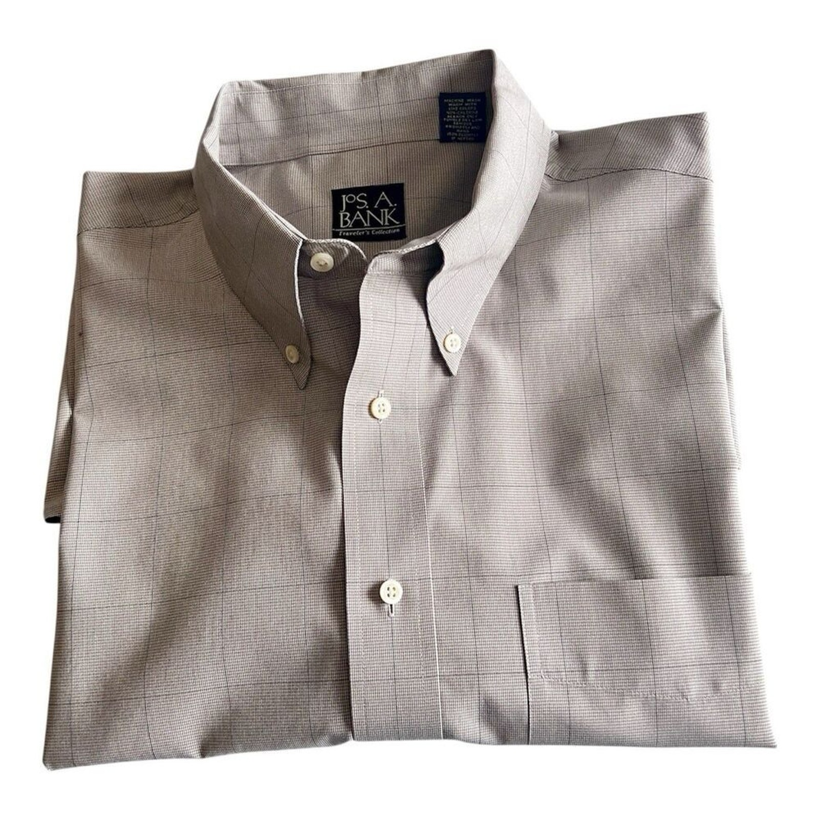 Jos A Bank Traveler Shirt Sz XL Tan Check Long Sleeve Button Down Collar Cotton