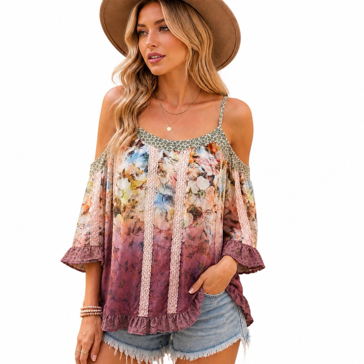 Boho Cold Shoulder Top XS Floral Lace Trim Peasant Blouse Flowy Ombre