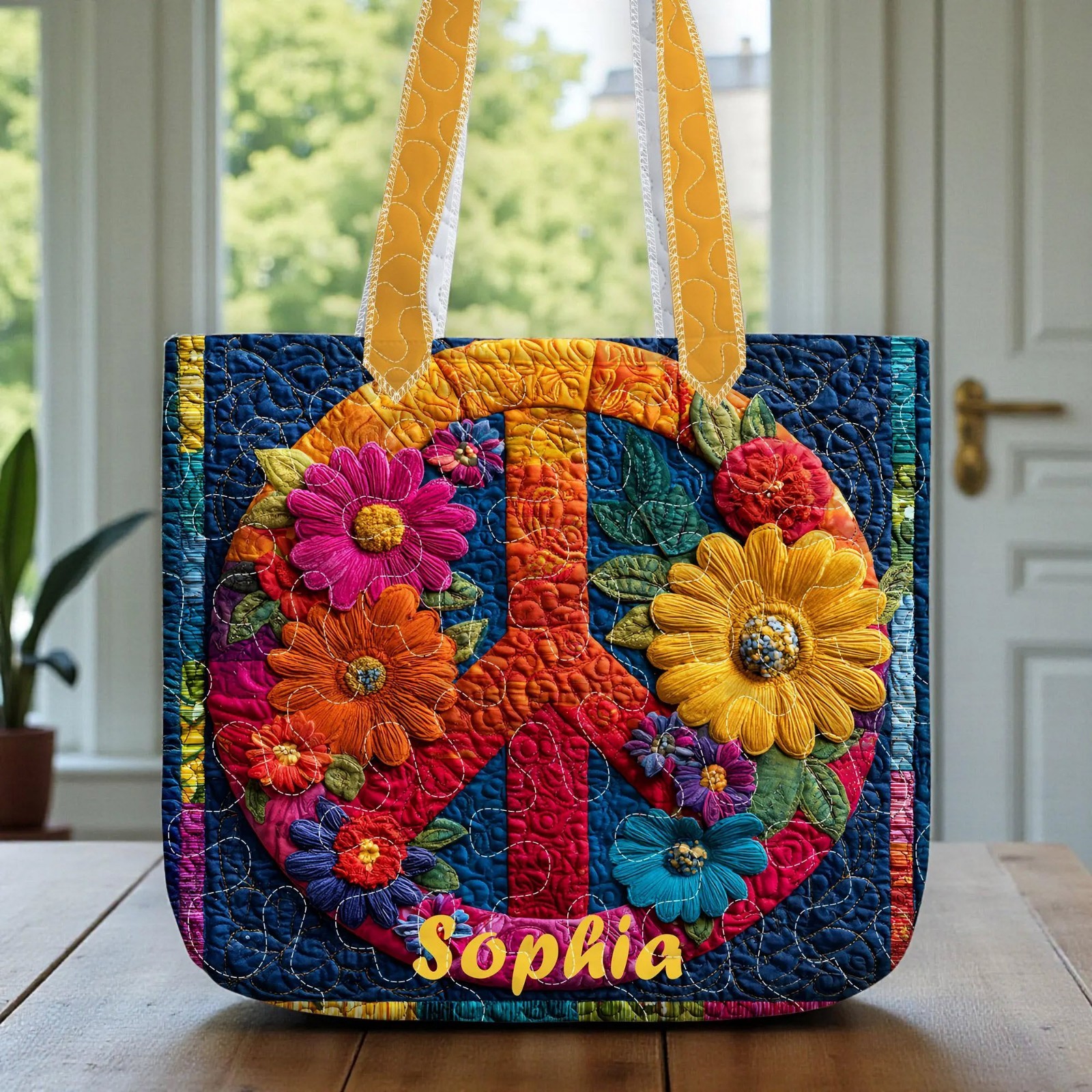 Personalized Hippie Flower Peace Sign Quilt Tote Bag Custom Retro Boho Women
