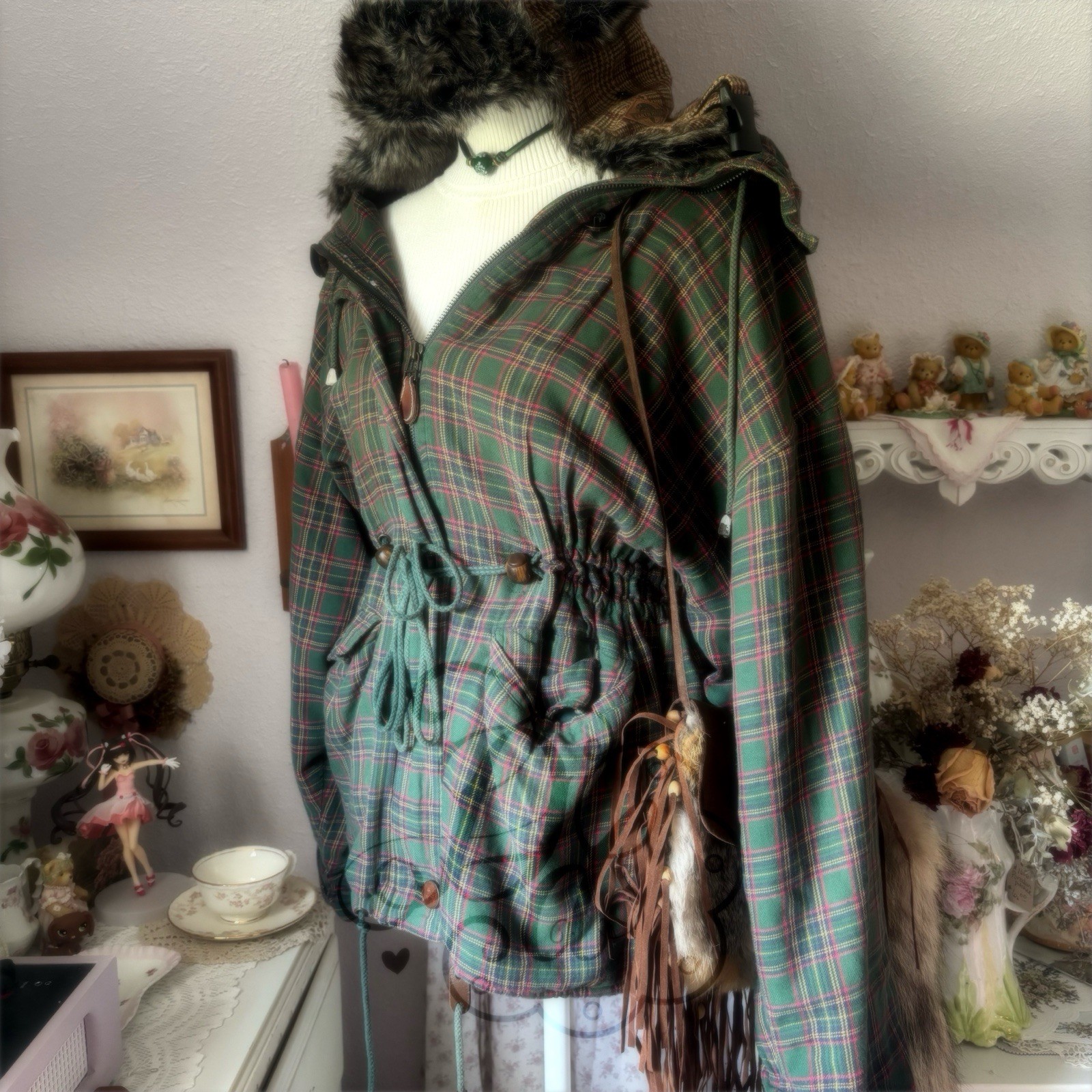 Vintage Express Women’s Plaid Hooded Zip Jacket Drawstring Waist XS