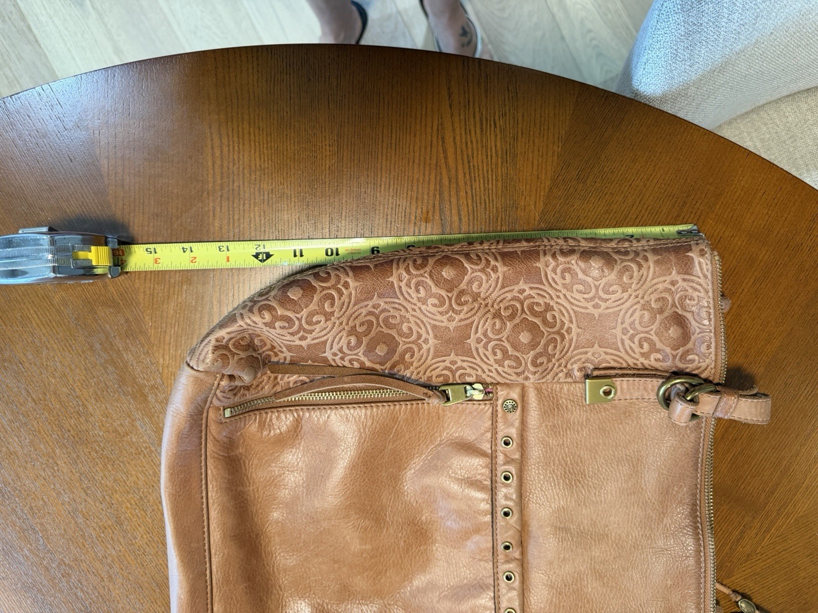 The Sak Brown Embossed Floral Tote Bag Zip Top Purple Lining Pockets Tassel