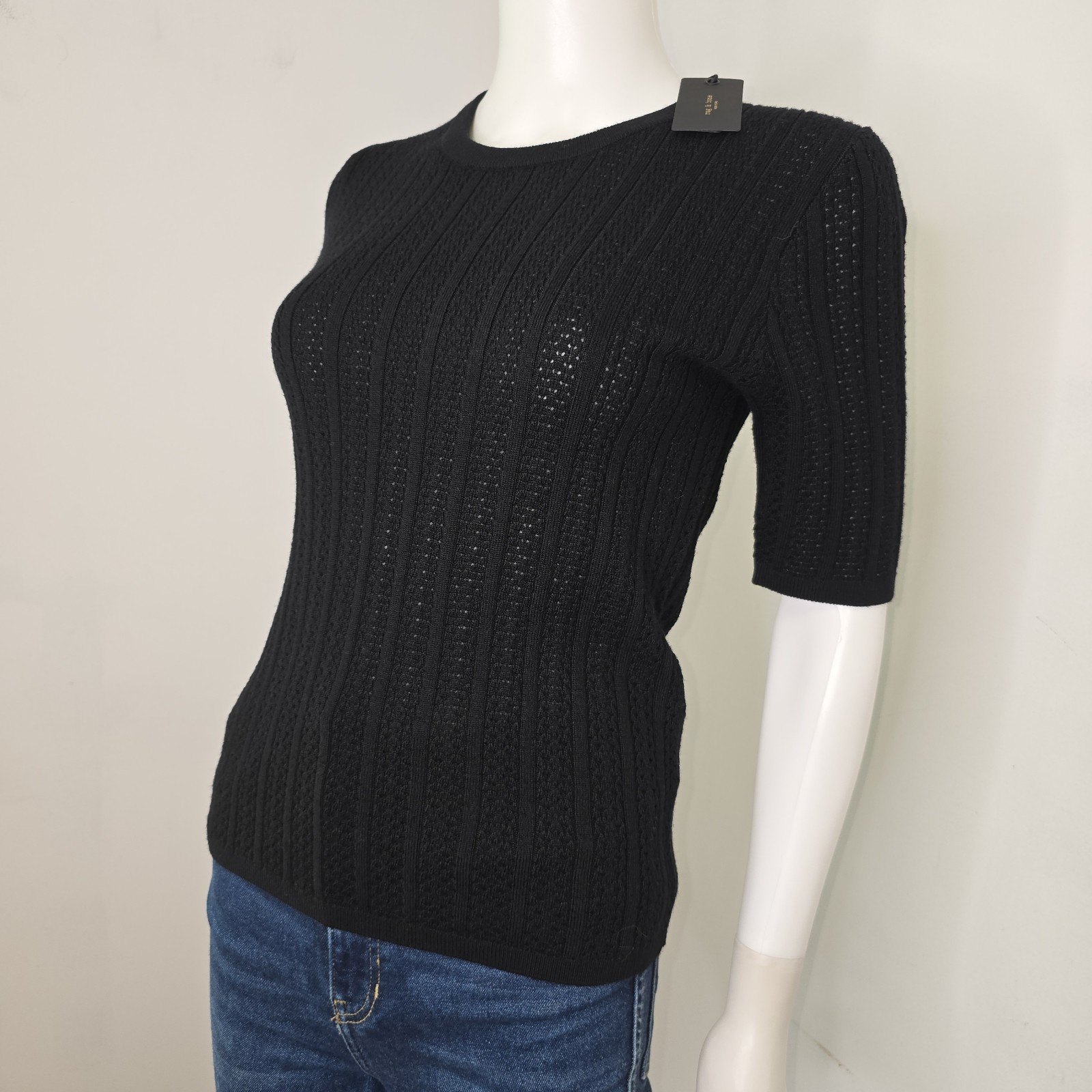 Rag & Bone Tina Short Sleeve Merino Wool Top Tee Size M Black Pointelle Knit NWT