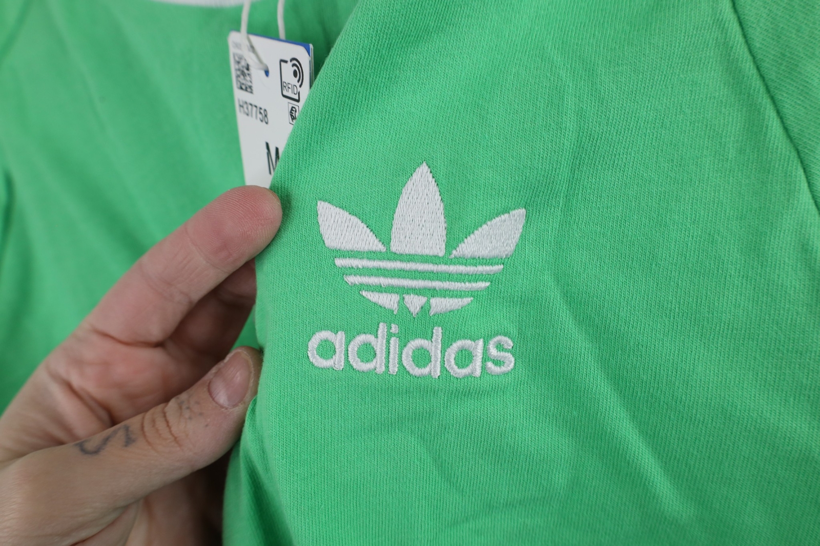 New Adidas Mens M Spell Out Trefoil Striped Short Sleeve Ringer T-Shirt Green