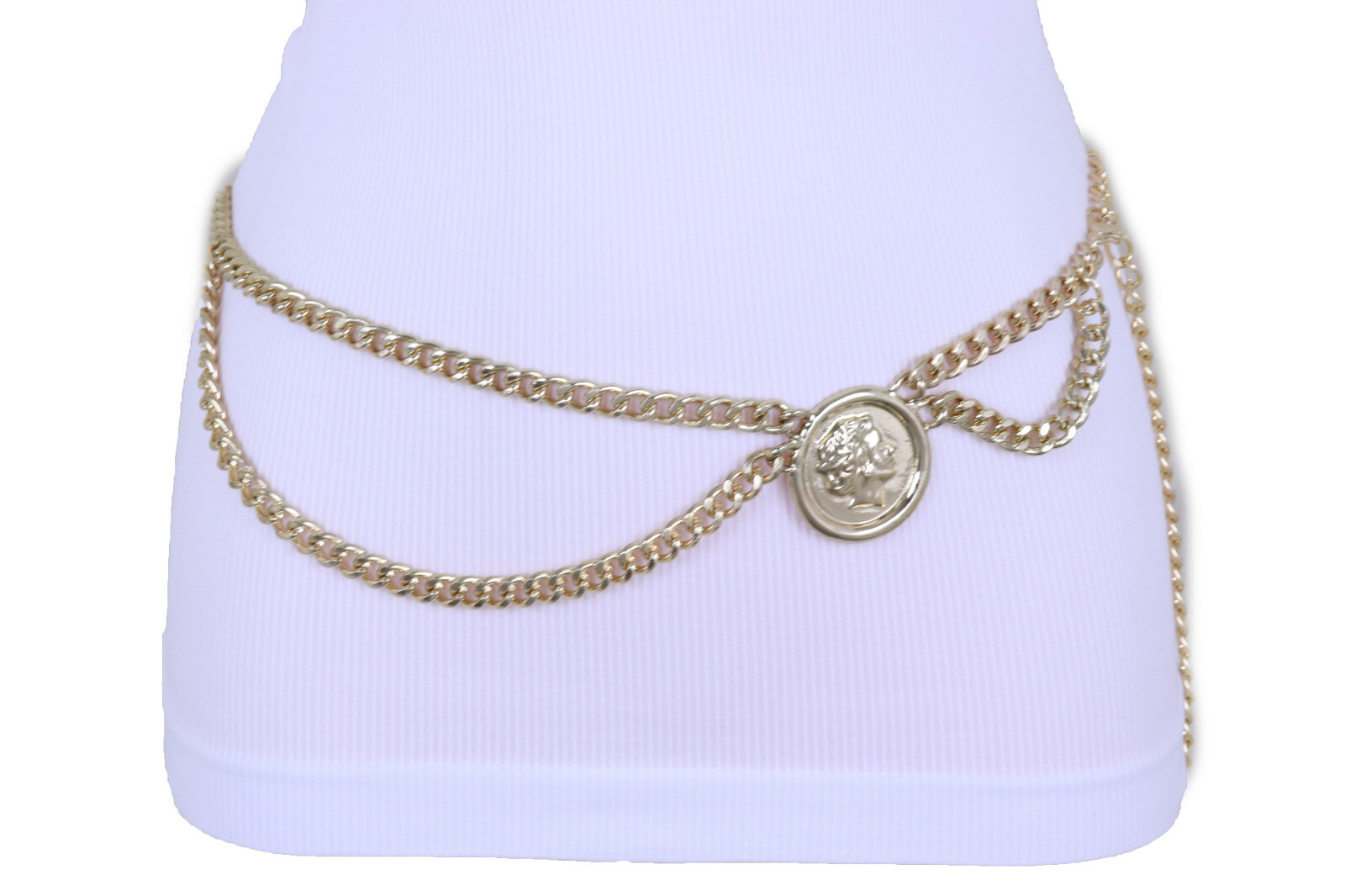 Women Dance Fashion Belt Gold Color Metal Chain Wave Coin High Waist Hip XS S M
