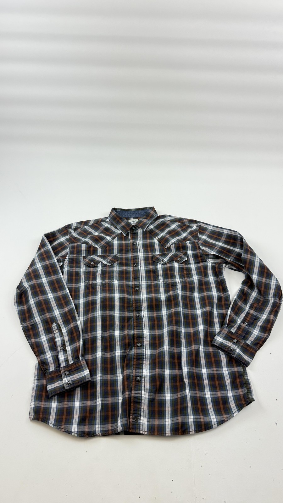 Moon Shine Spirit Shirt Mens Large Brown Blue Plaid Western Snap Pearl Button