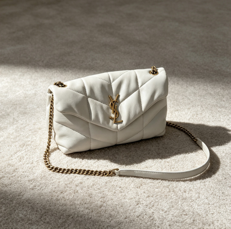 Saint Laurent Loulou Toy Flap Bag Beige Quilted Leather GHW Chain Crossbody Auth