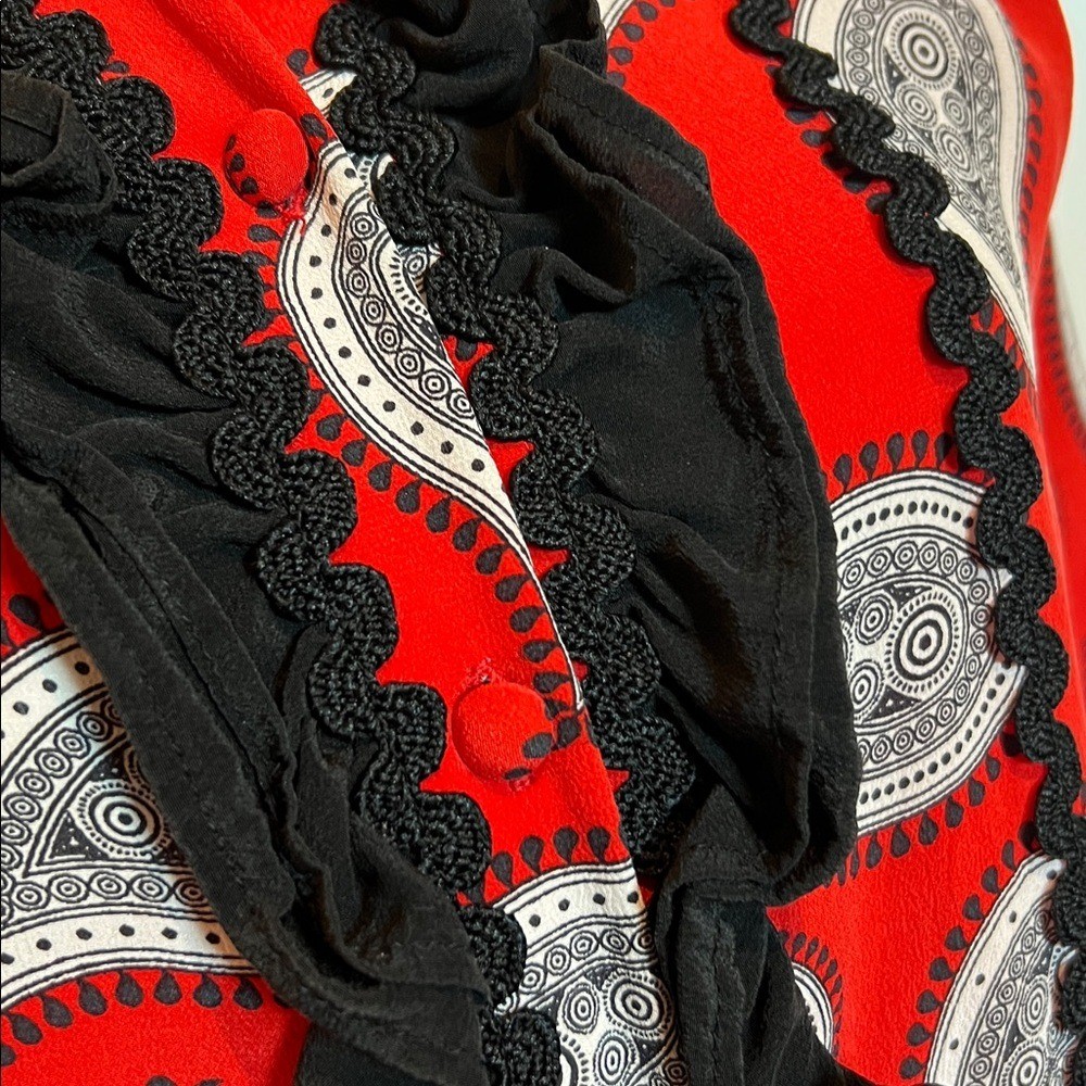 Dodo Bar Or Red Black Paisley Silk Blouse 40 6/8 designer studded ruffle top