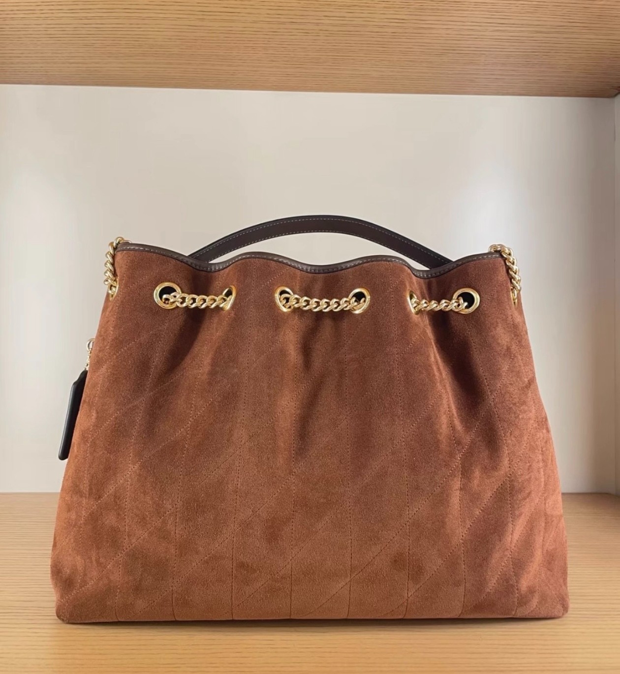 COACH CCZ80 Evelyn Shoulder Bag with Quilting Suede Gold/Vintage Brown/Maple NWT