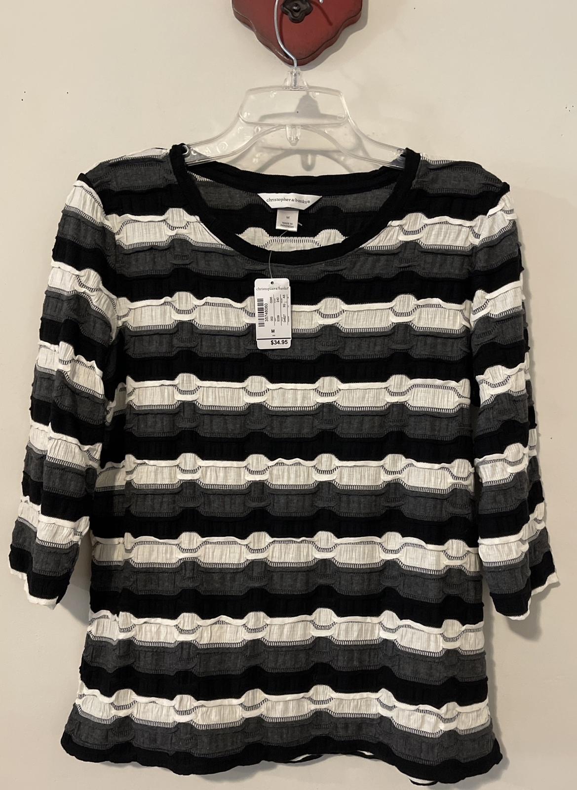 Christopher Banks Womens Medium Black Ivory Gray Ruffle Striped Blouse NWT A5280