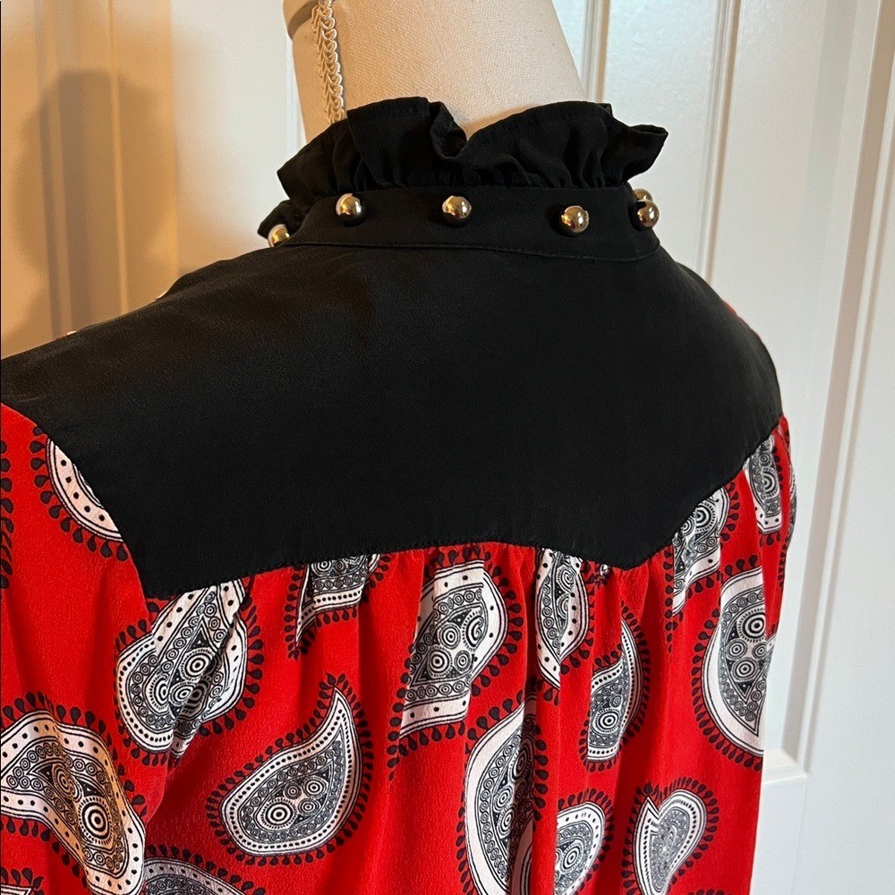 Dodo Bar Or Red Black Paisley Silk Blouse 40 6/8 designer studded ruffle top