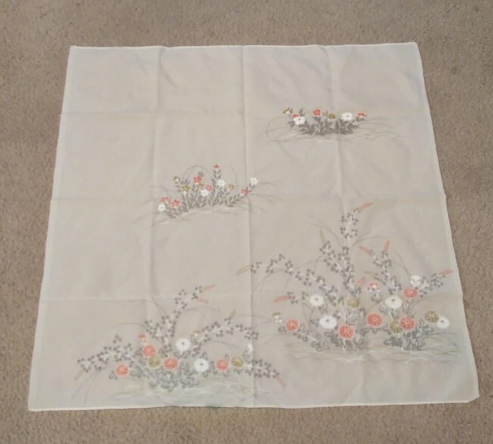 Vtg Nylon Scarf Sheer White Pink White Gray Mums Flowers 27” x 28″ Light 1960s