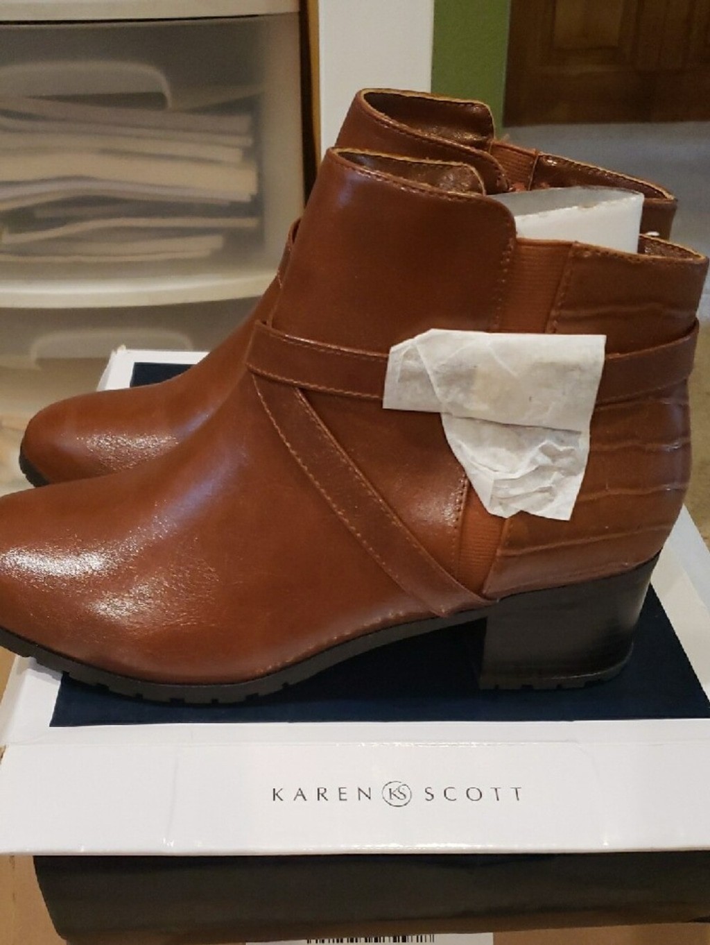 Karen Scott Tan Brown Leather Ankle Booties with Buckle Accent