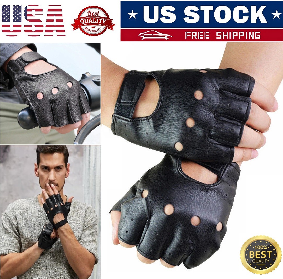 Men’s Black Motorcycle Fingerless Leather Half Finger Driving Biker Gloves Gift