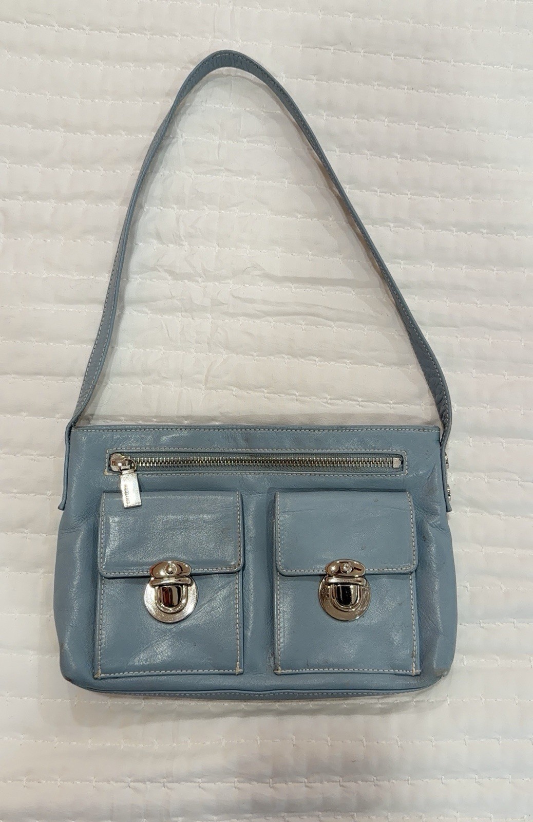 Perlina Vintage Light Blue Shoulder Bag Silver Hardware Turn Lock Zipper Accents