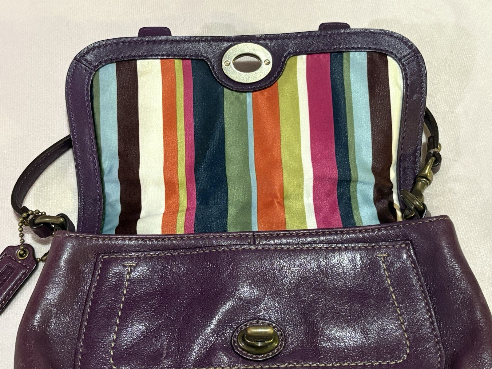 Coach 65th Legacy Stripe Purple Leather Clutch Bag Turn Lock